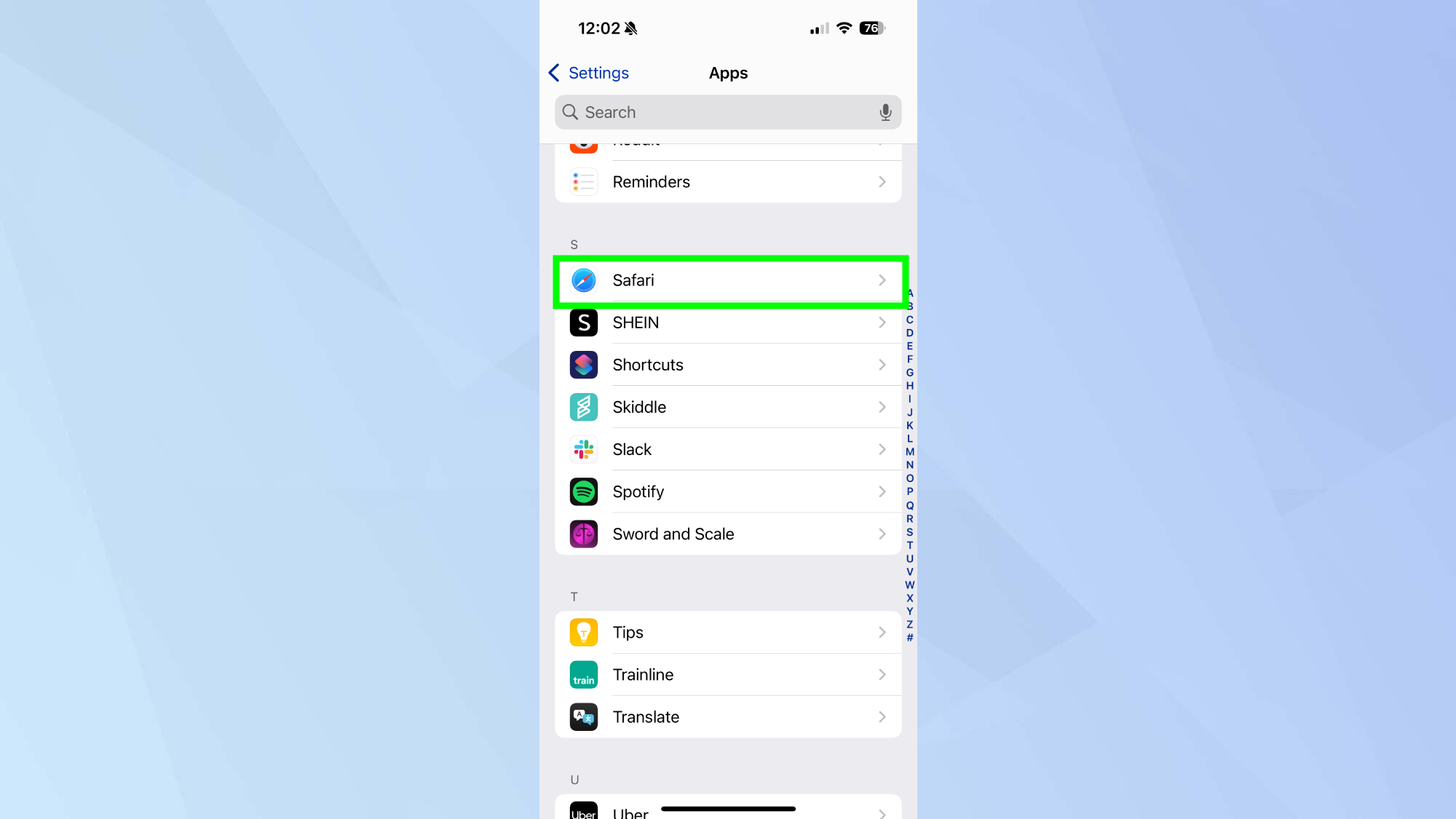Safari highlighted on iPhone