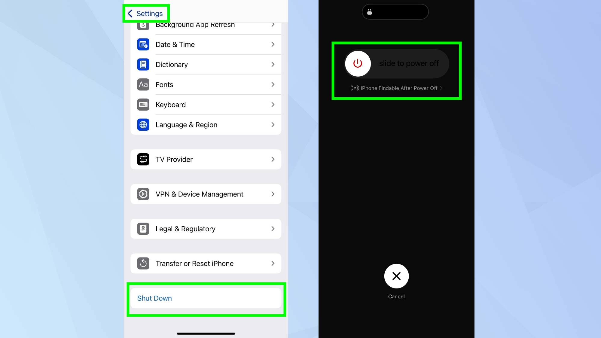 How to turn off iPhone 16 through Settings 