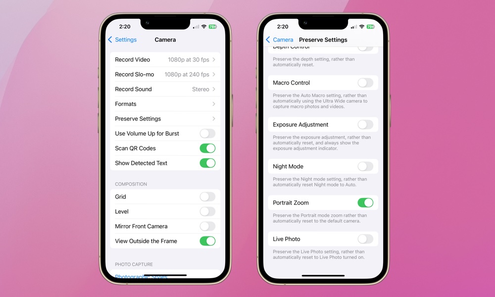 الحفاظ على إعدادات الصور الحية