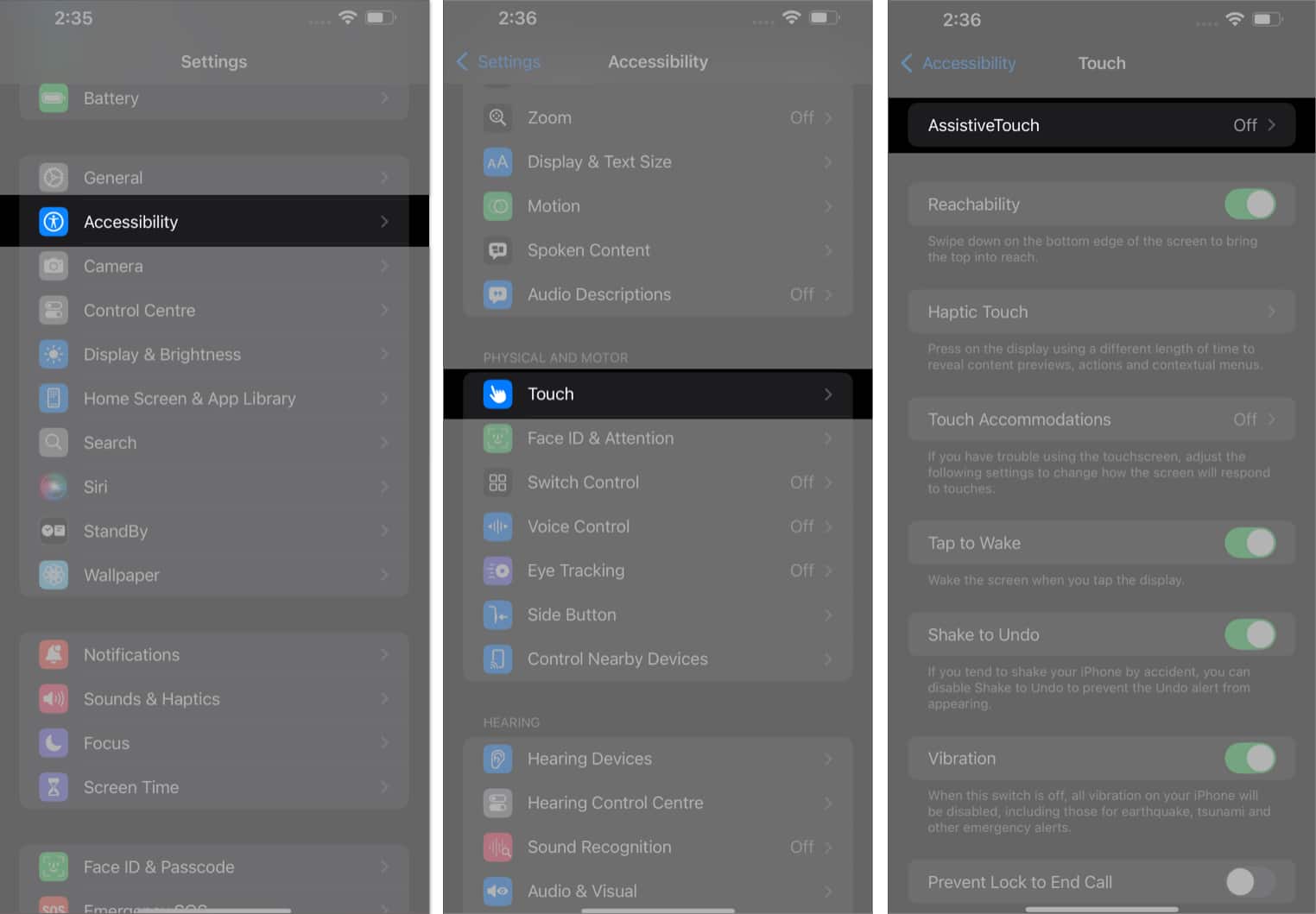 Accessibility settings page in ios settings app on an iphone