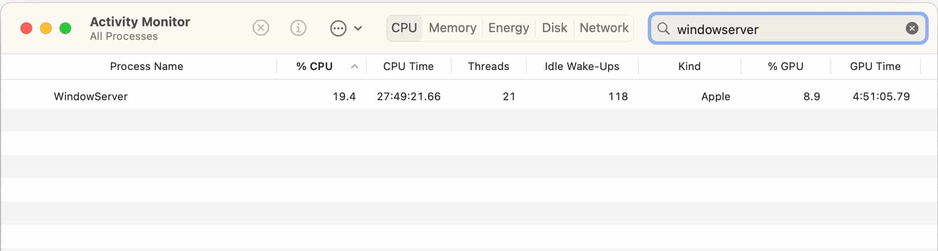 Search result for the windowserver process in the mac activity monitor app
