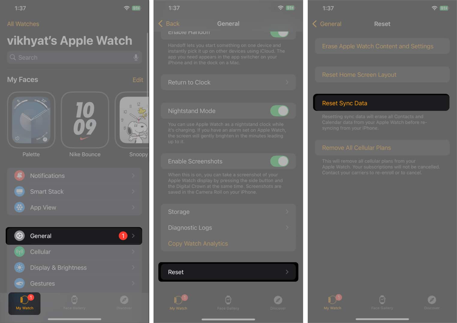 Reset sync data option under apple watch settings