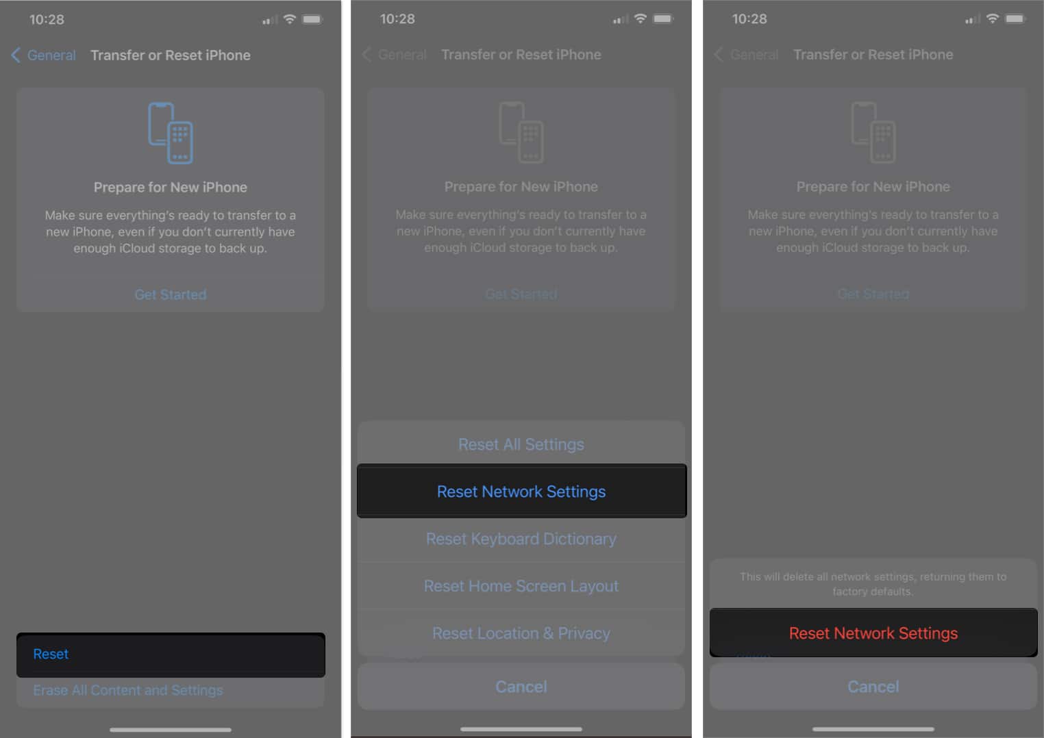 شاشة إعادة تعيين إعدادات الشبكة