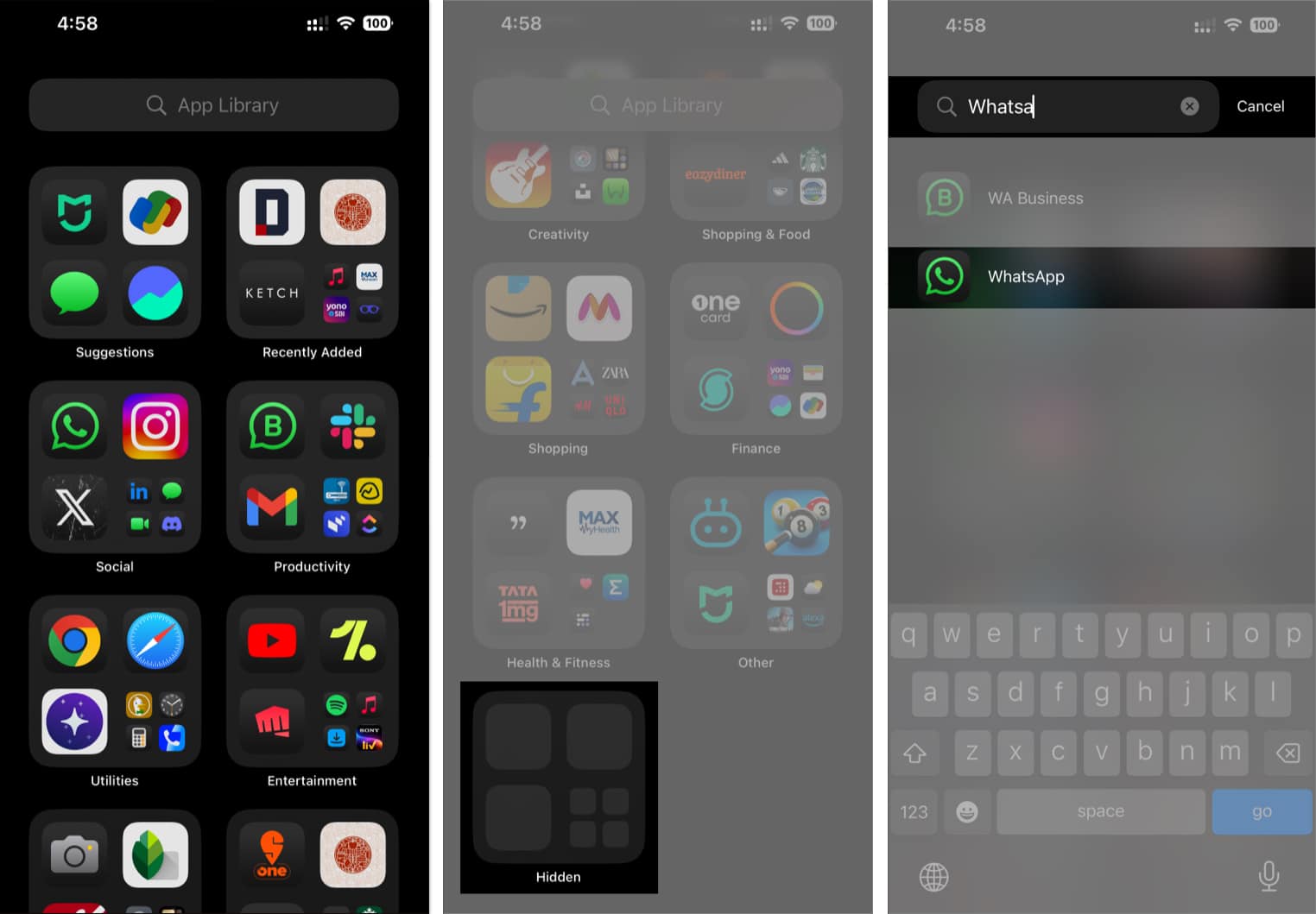 Finding whatsapp in the app library on an iphone