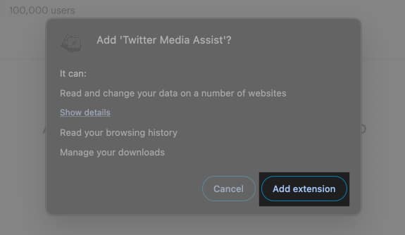 Prompt confirming addition of the twitter media asset extension to chrome on a desktop