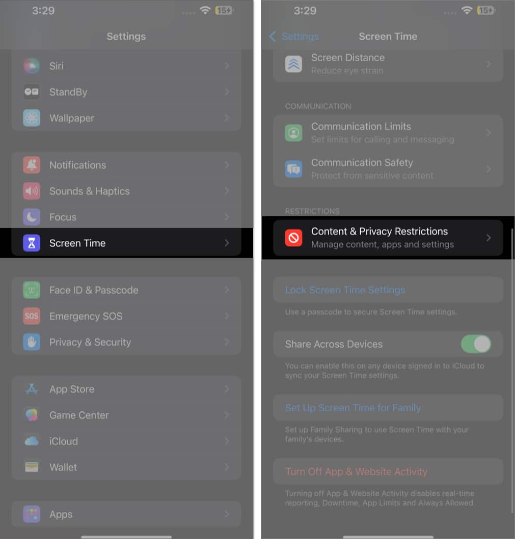 خيار قيود المحتوى والخصوصية ضمن إعدادات مدة استخدام الجهاز على جهاز iPhone