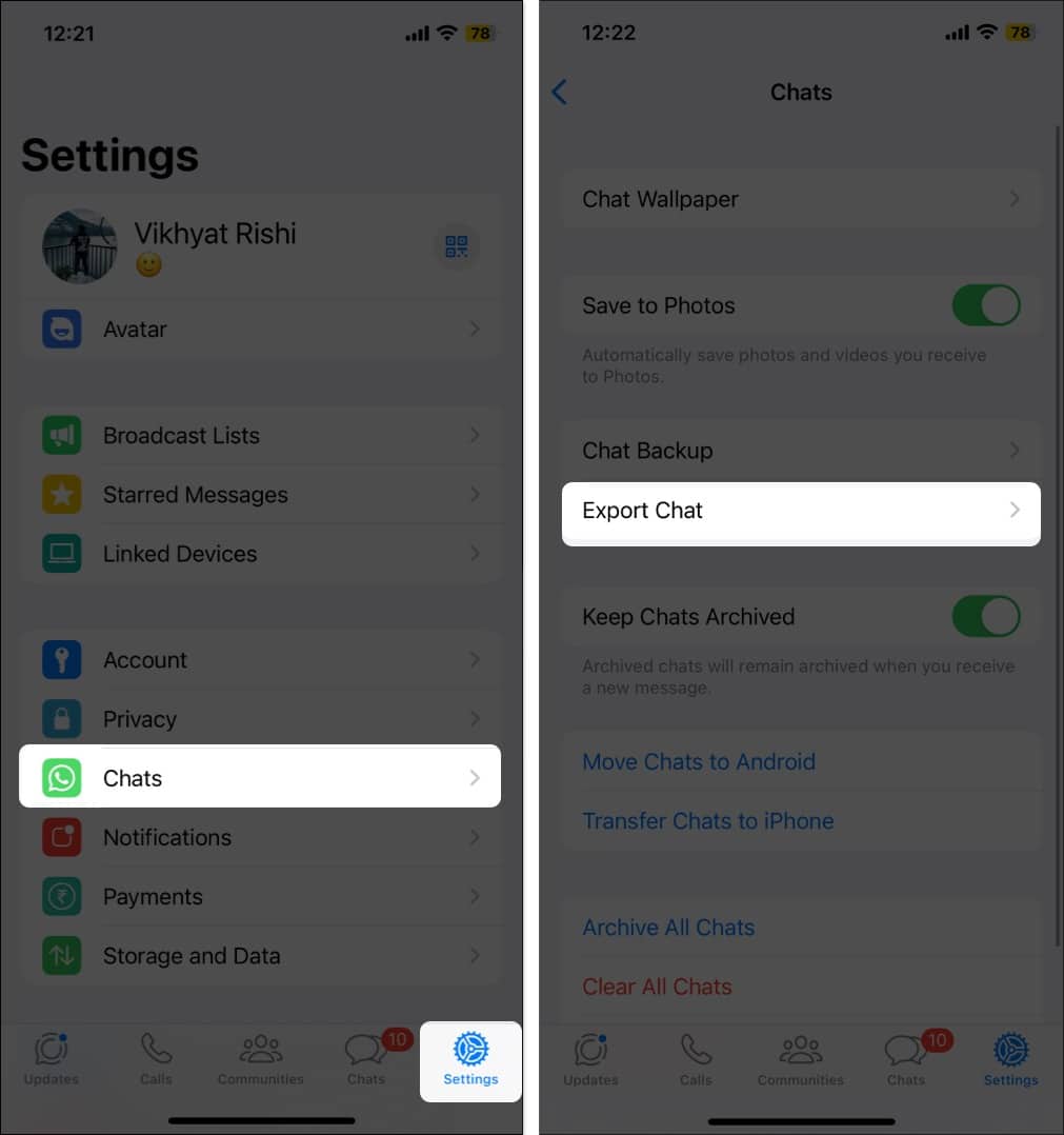Select export chats on whatsapp from iphone