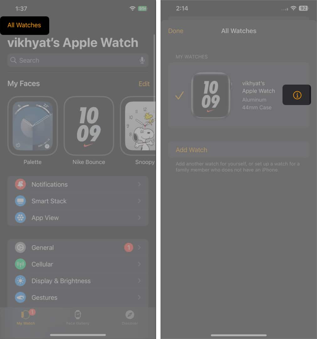 I button to view more details about the paired apple watch in the watch app on an iphone