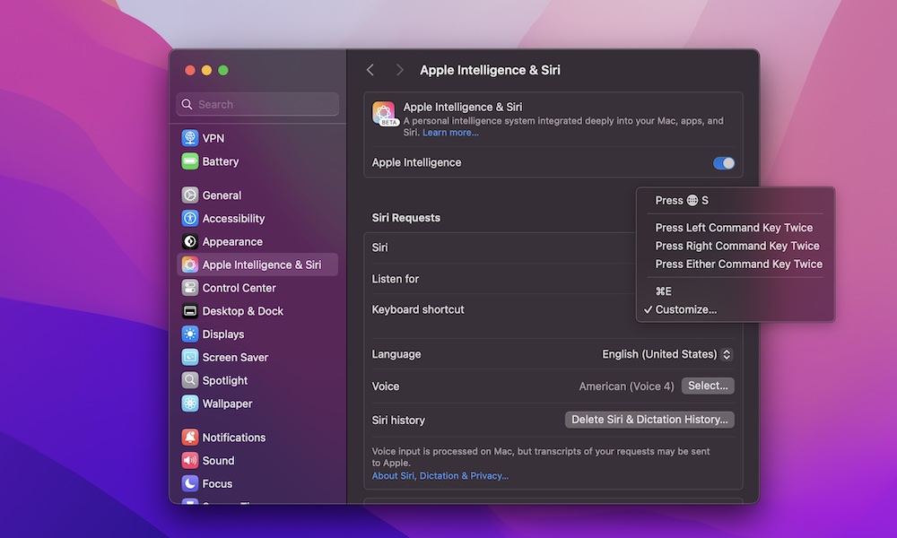 إعداد اختصار لوحة مفاتيح Siri على جهاز Mac