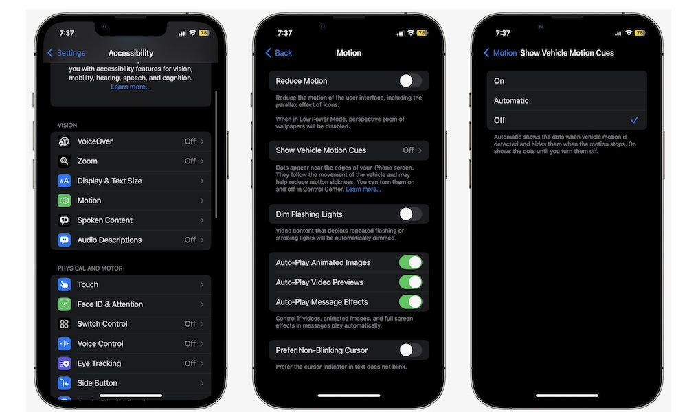 Show Vehicle Motion Cues Accessibility Feature for Motino Sickness iOS 18 iPhone