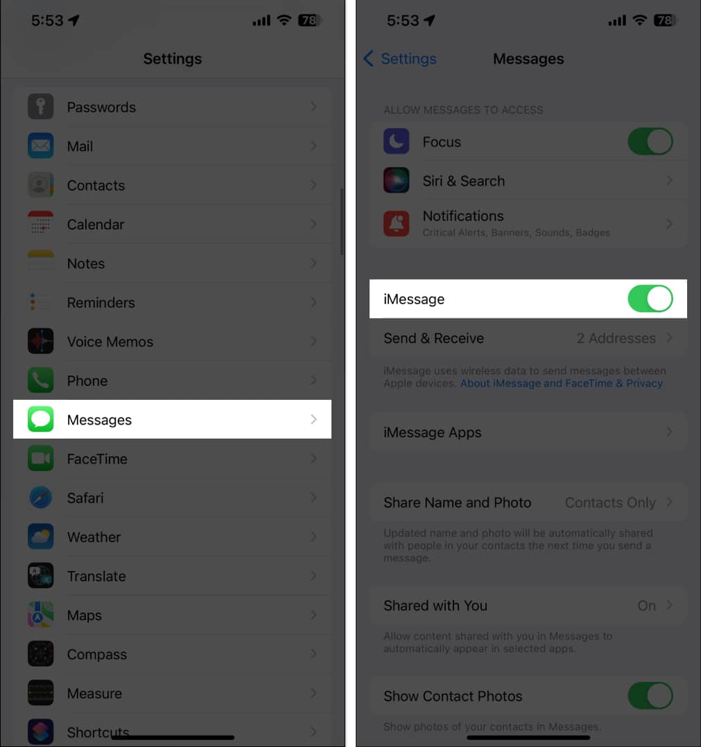 Tap messages toggle on imessages