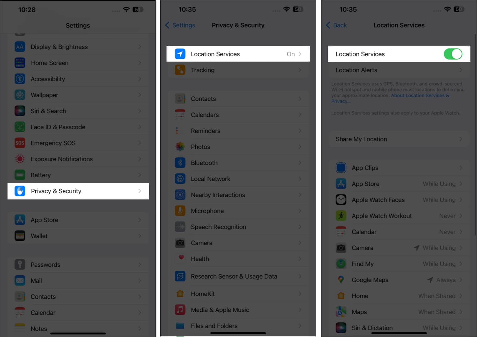 Tap privacy security location services toggle off location services in settings app