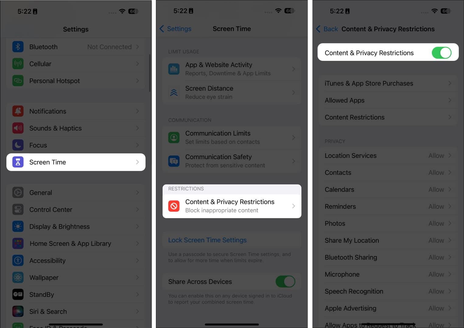 Toggle on content and privacy restrictions from screen time