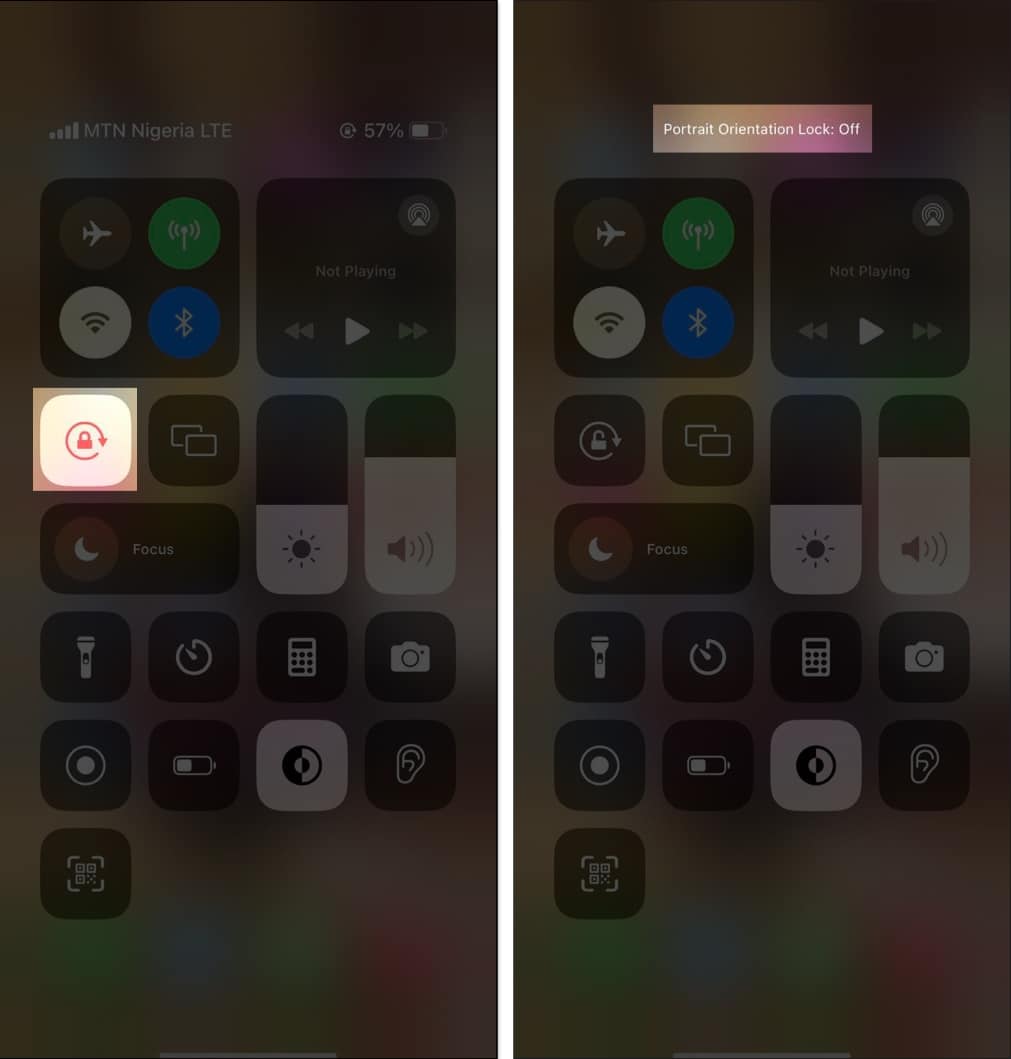 Portrait orientation lock button in the control center on an iphone