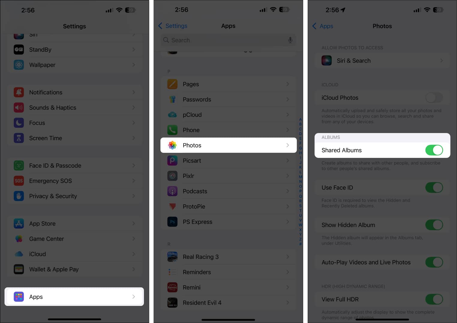 Shared albums toggle in the photos app settings on an iphone