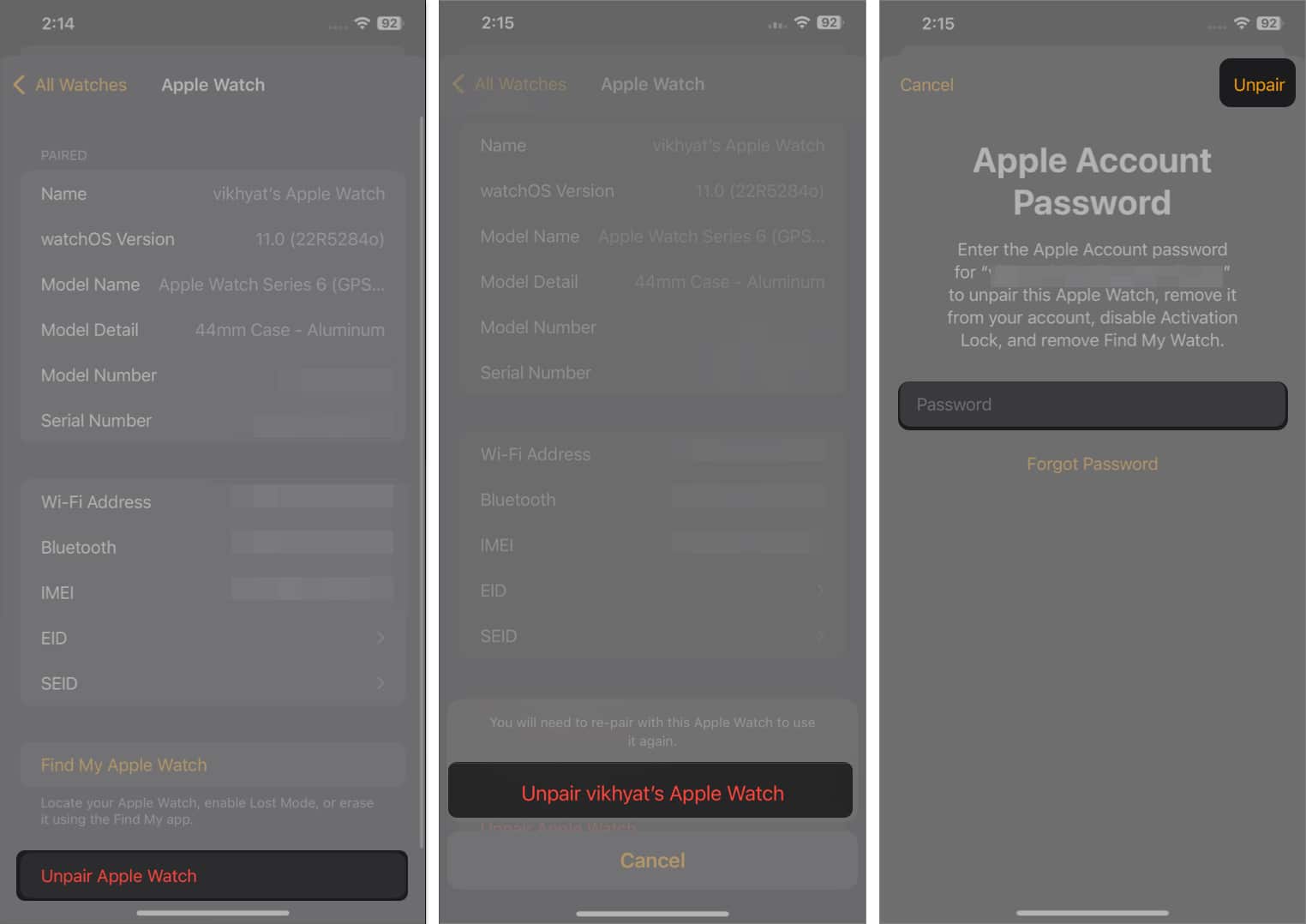 Unpair option in the watch app to unpair an apple watch from an iphone