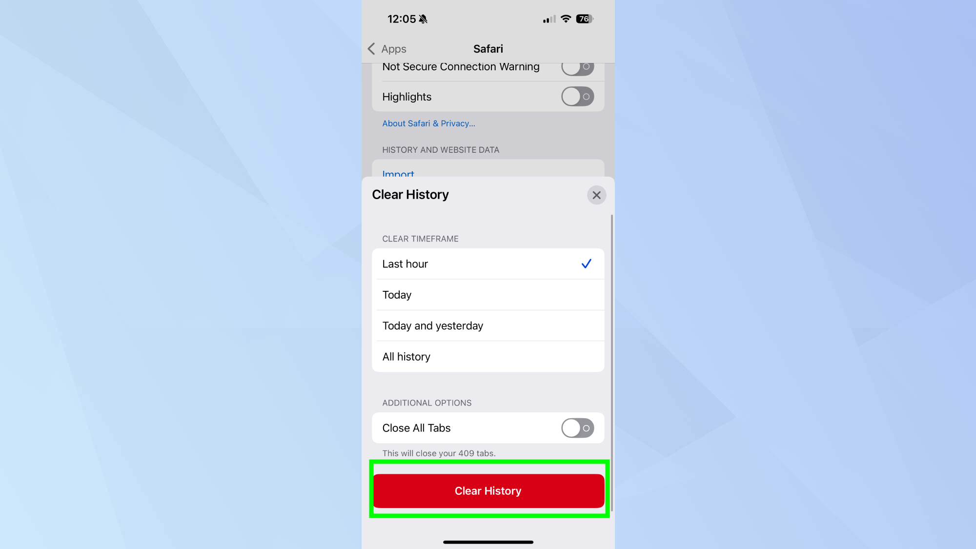 Confirming clear of iPhone cache highlighted