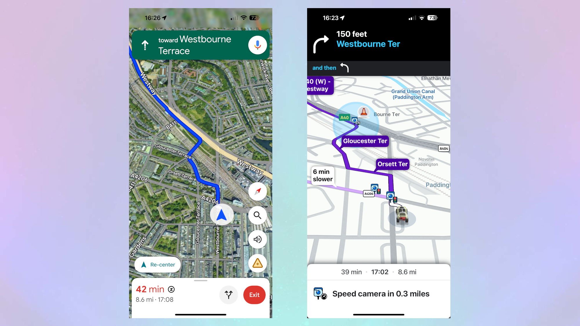 Google Maps (left) vs Waze (right) showing traffic updates