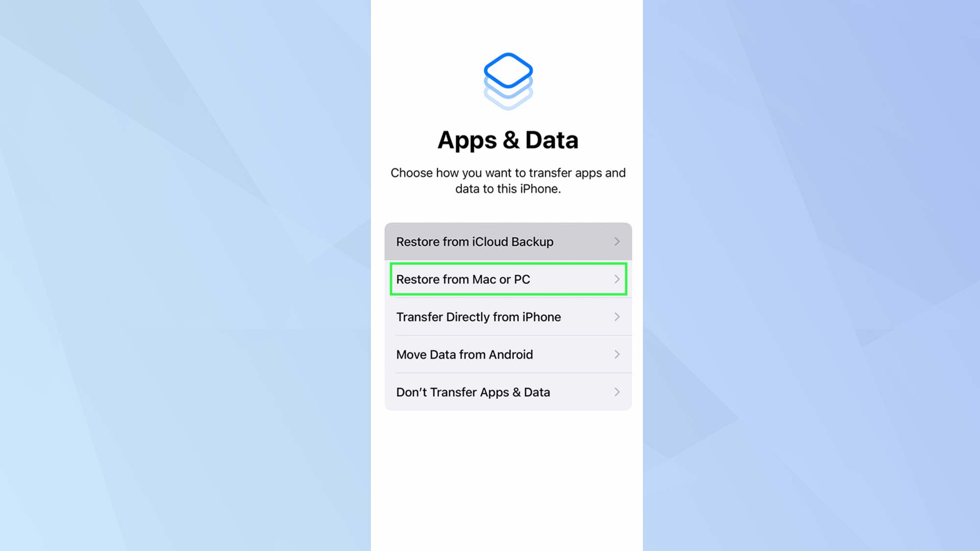 iOS Apps & Data with Restore from Mac or PC highlighted