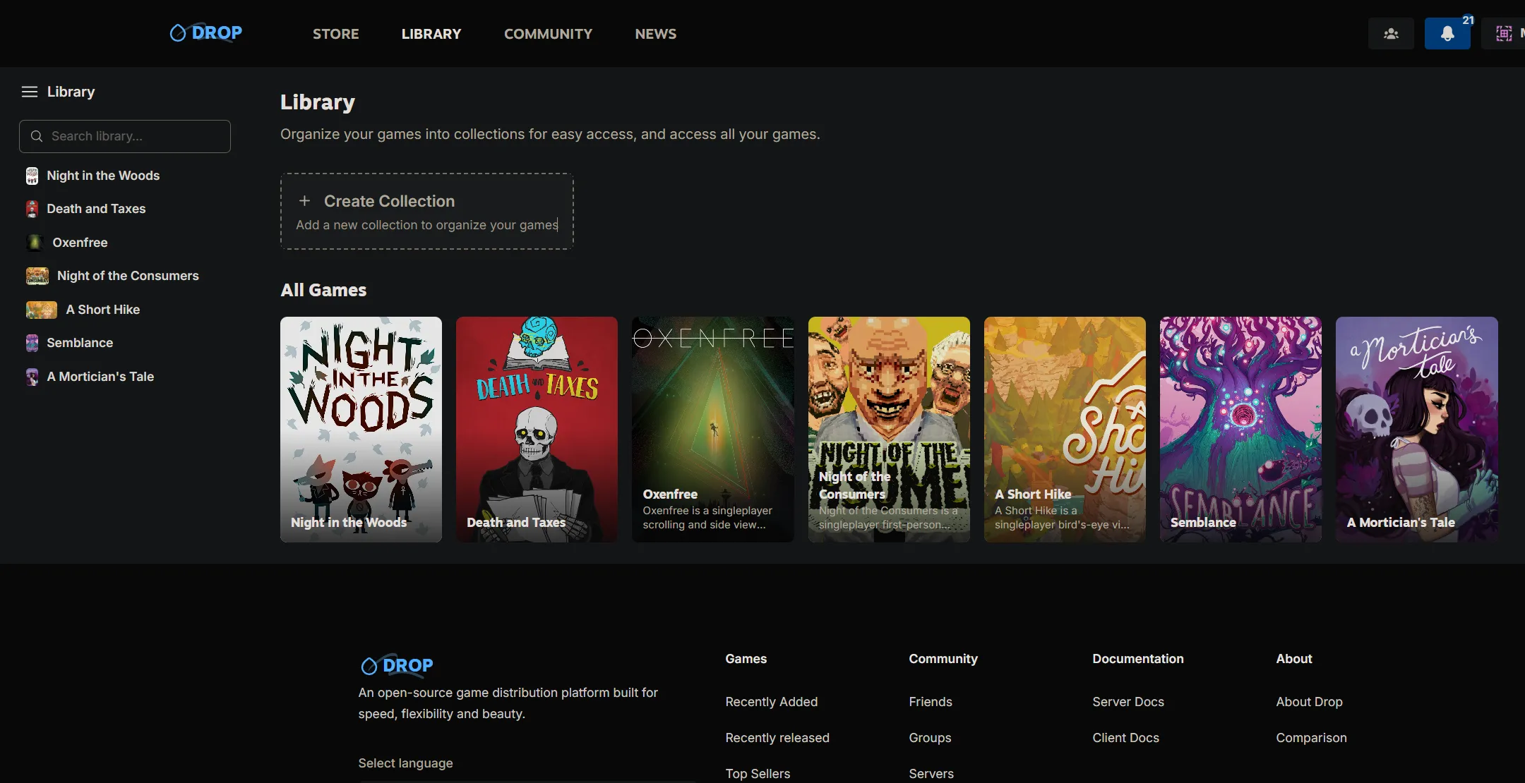 مكتبة ألعاب في لوحة تحكم مدير Drop