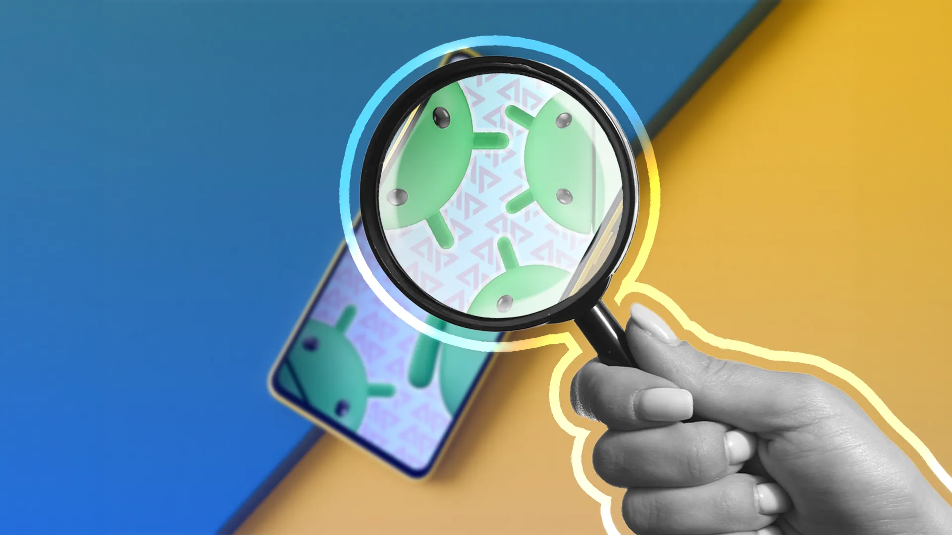 يد تحمل عدسة مكبرة فوق هاتف Android يعرض شعارات Android متعددة على الشاشة