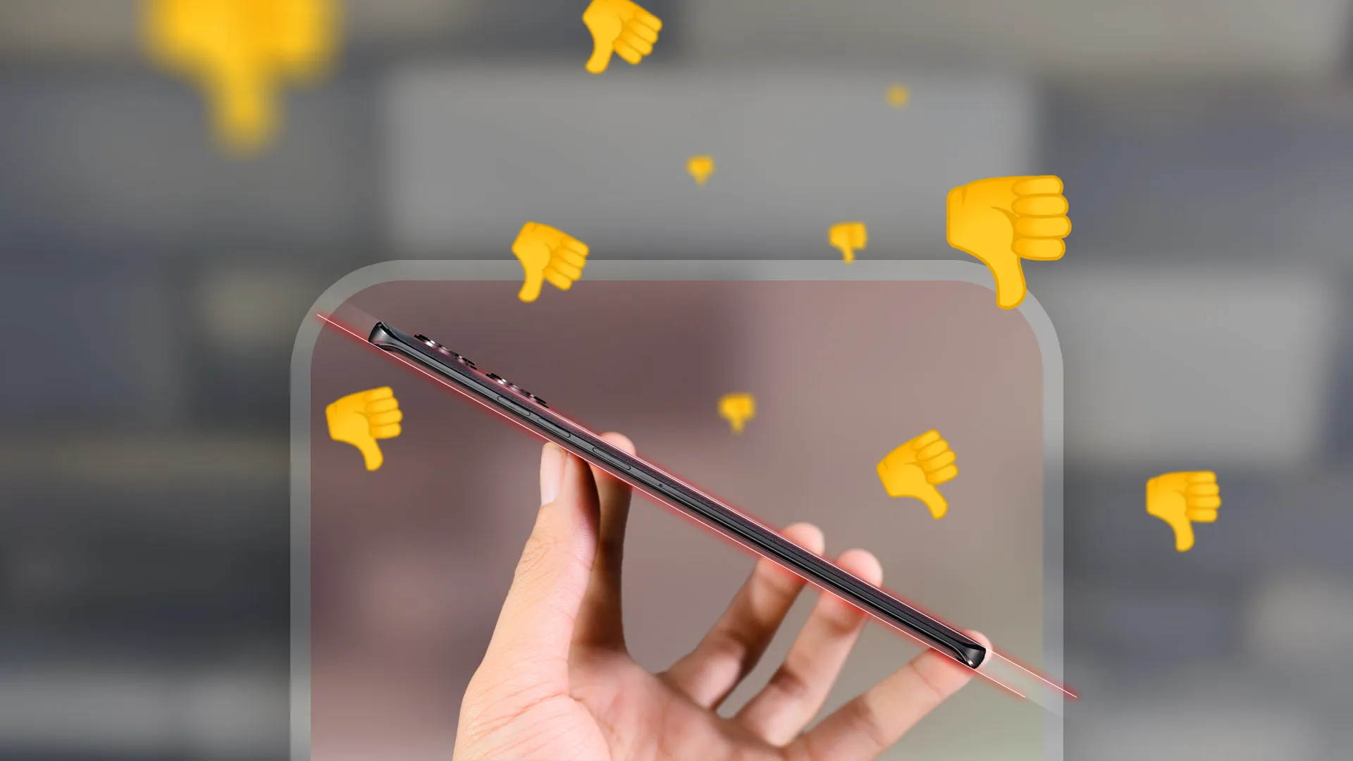 يد تحمل هاتفًا نحيفًا وعدة رموز تعبيرية لإبهام إلى الأسفل حوله.