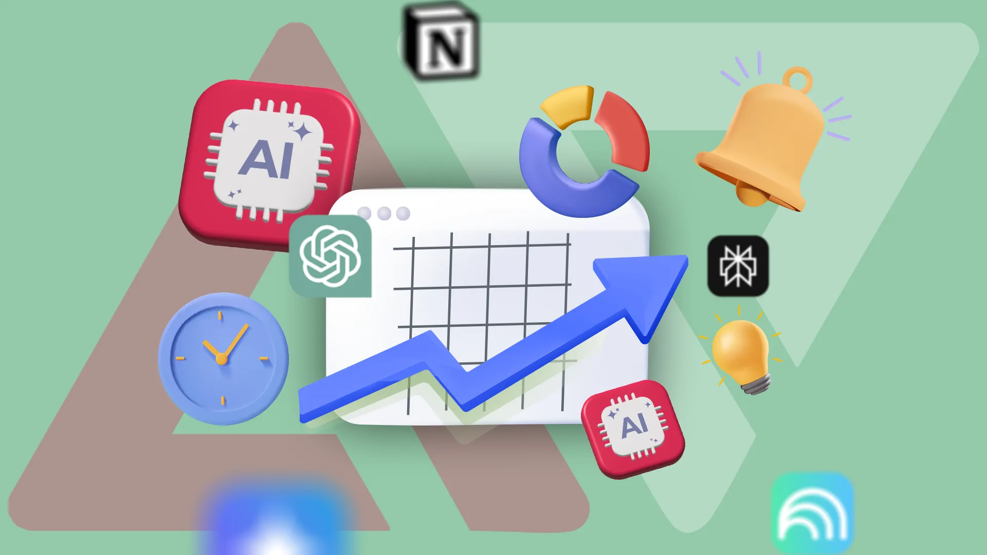A stylized dashboard with a rising blue arrow over a grid, surrounded by various productivity and AI-related icons.