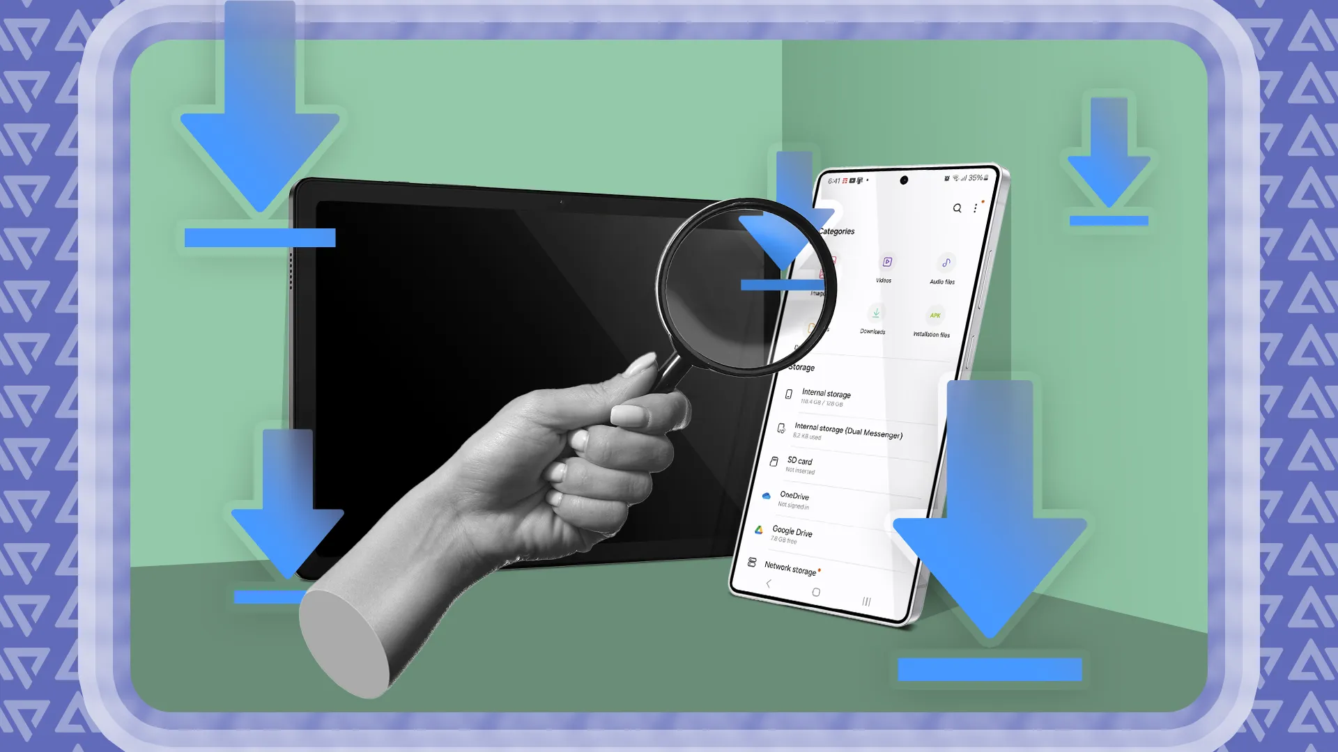 جهاز لوحي وهاتف ذكي مع أيقونات تنزيل حولهما ويد تحمل عدسة مكبرة.