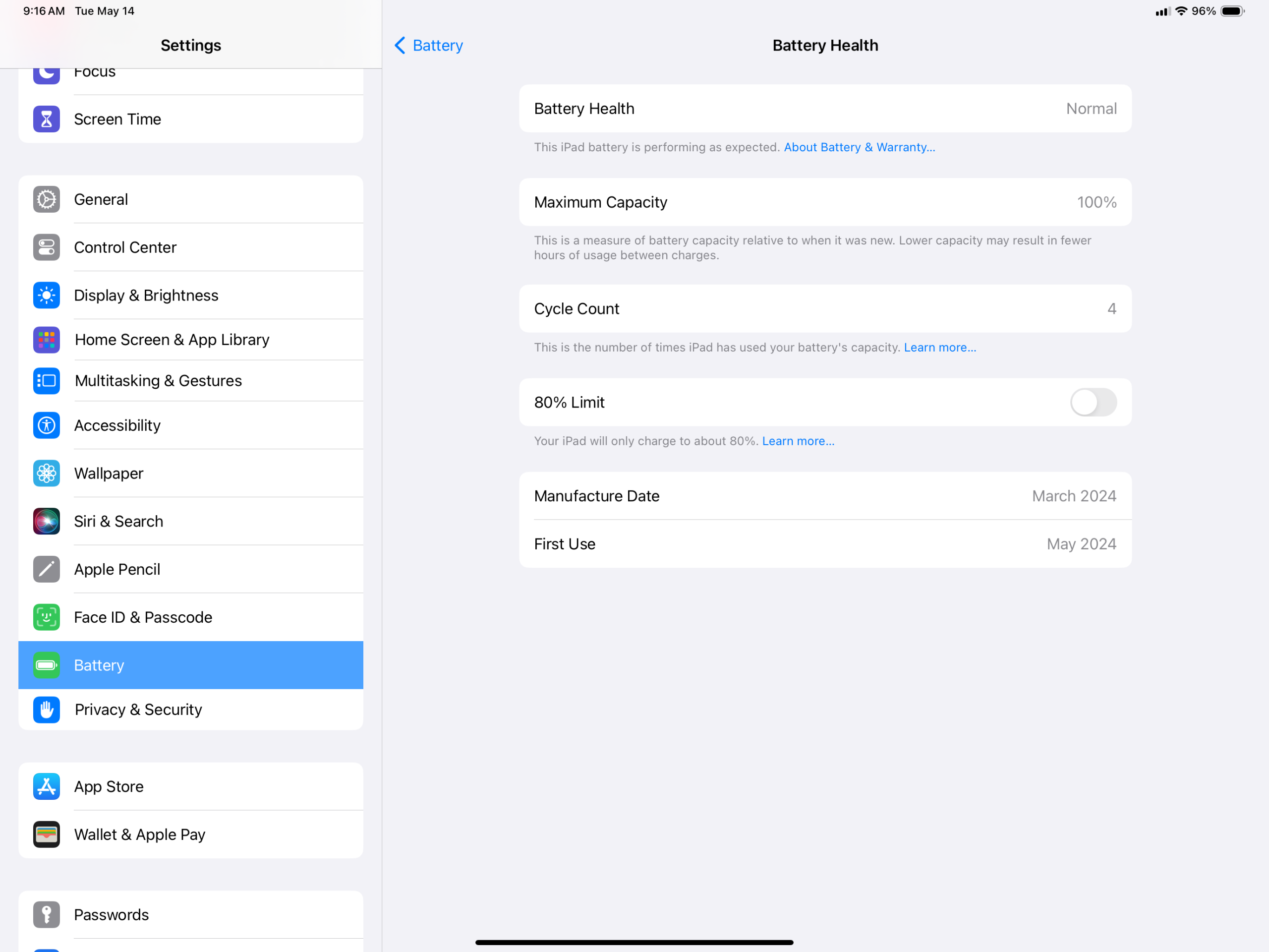 A screenshot of the iPad's battery health menu on an iPad Pro 2024