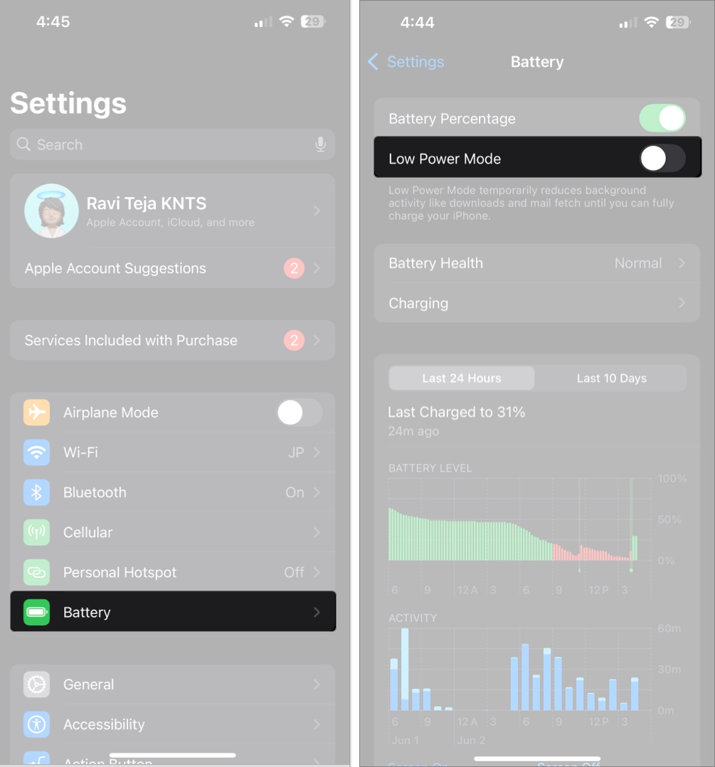 Access setting and tap on battery to turn off low power mode on iphone