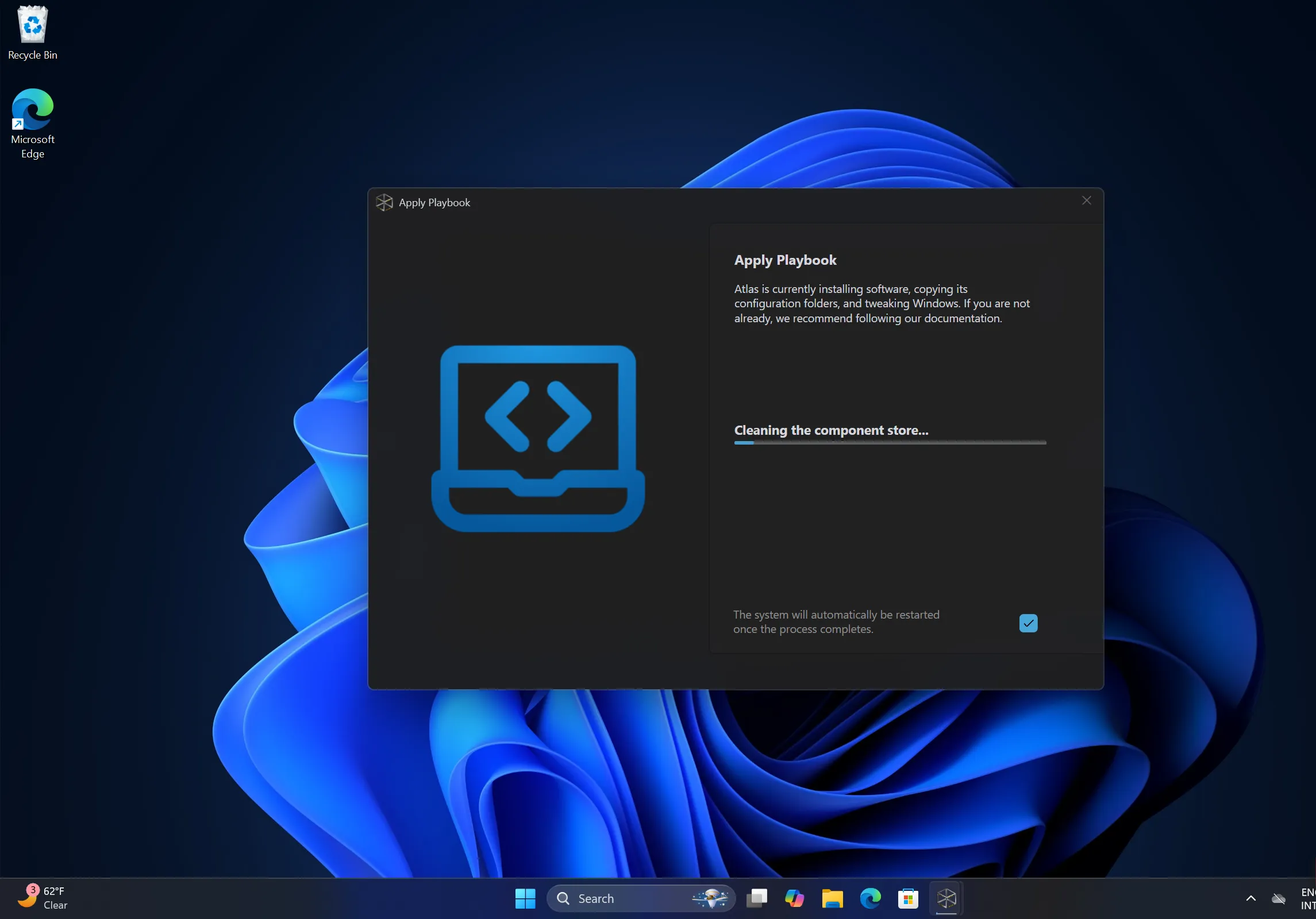 لقطة شاشة لـ AME Wizard وهو يطبق Atlas Playbook