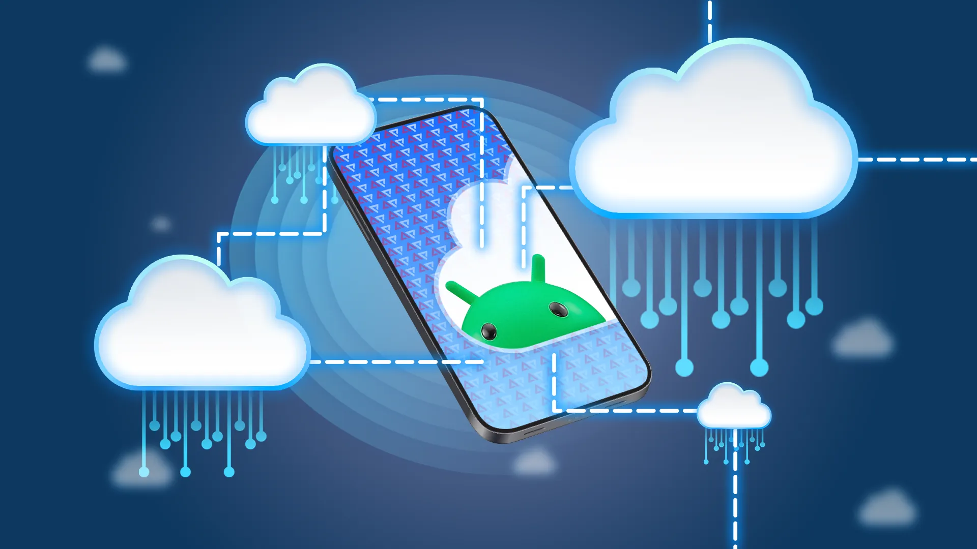 هاتف Android مع عدة أيقونات سحابية متصلة حوله.