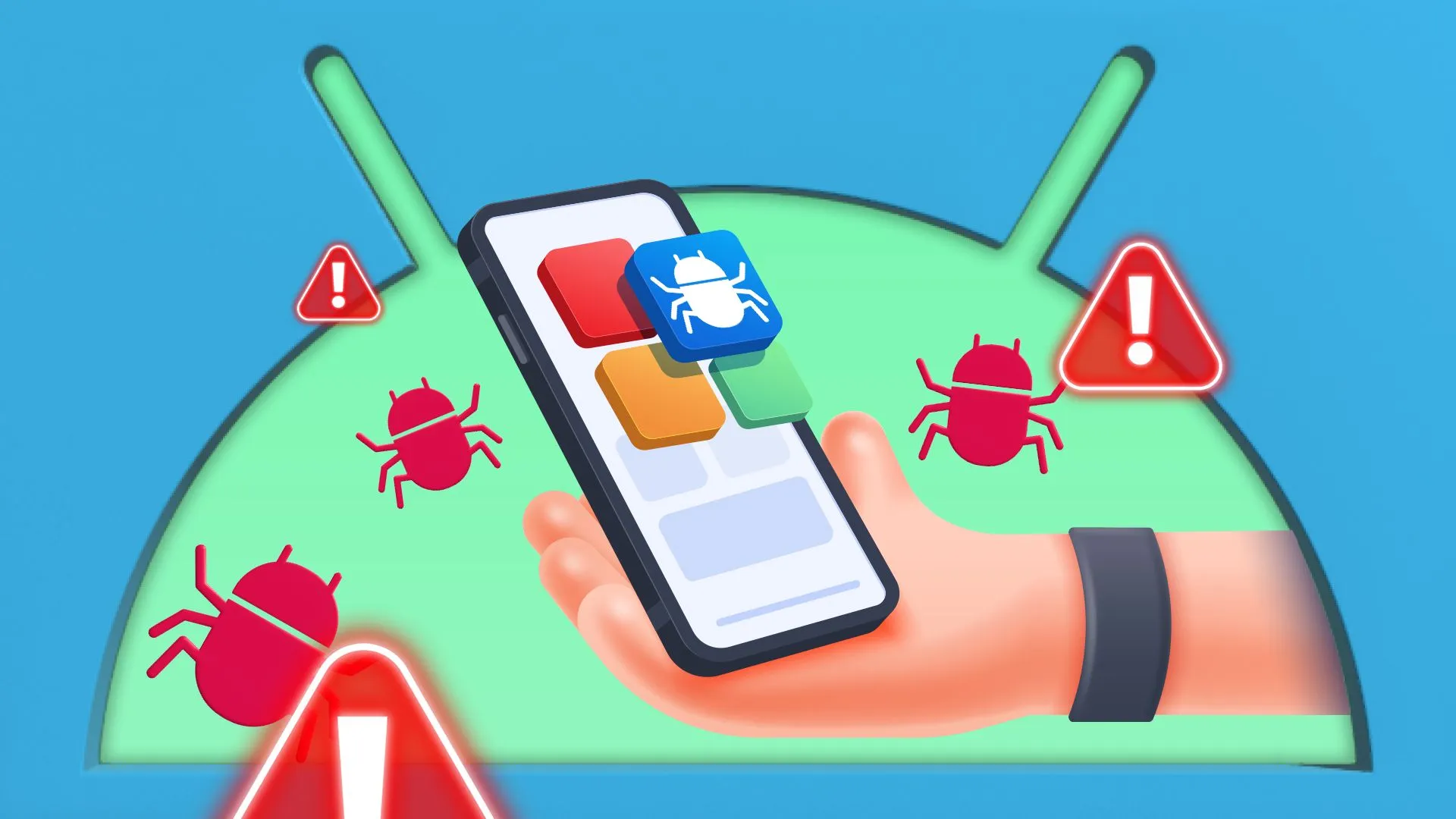 A hand holding a phone with a bloatware icon, some warning signs around, and the Android logo in the background