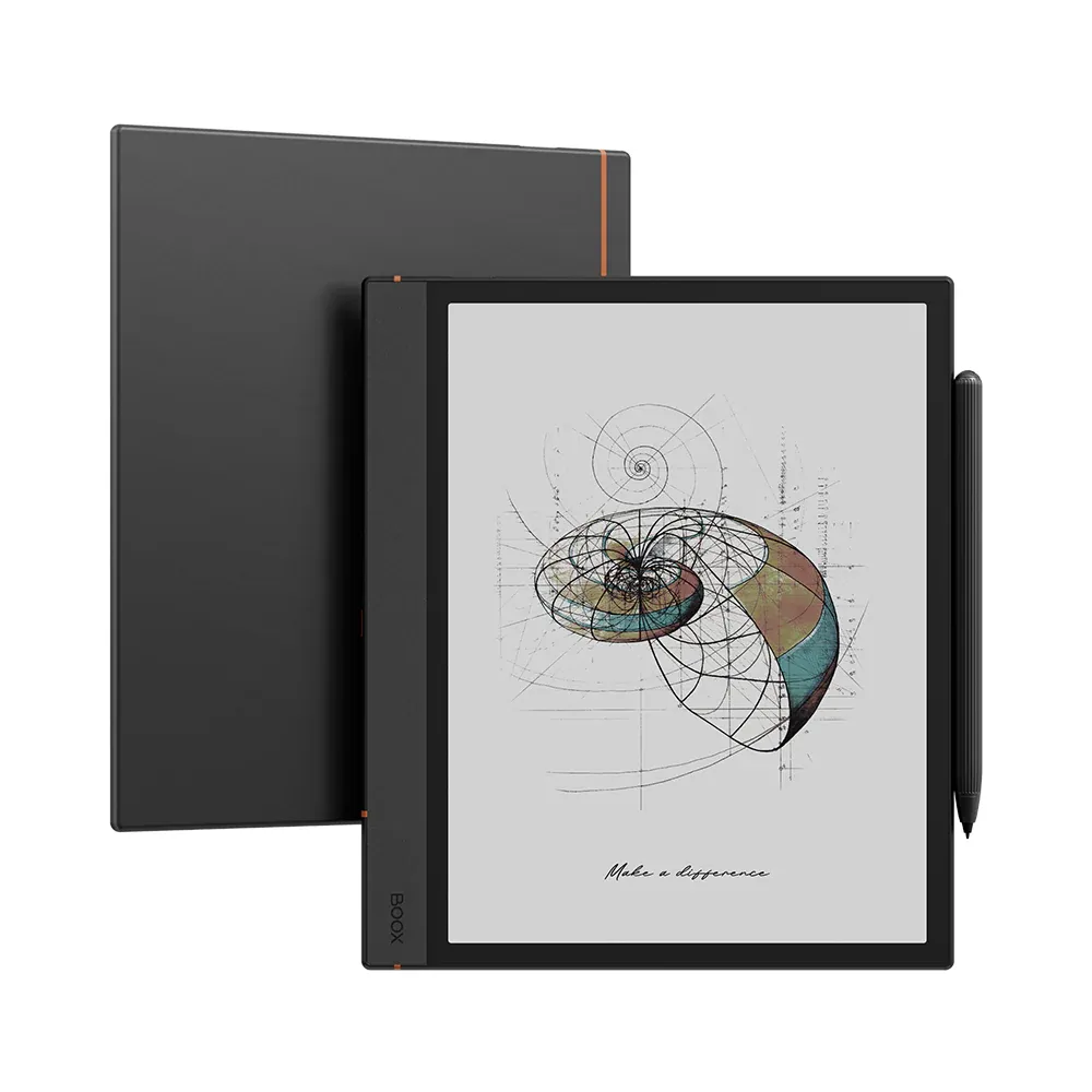 صورة لجهاز Boox Note Air4 C من زاويتين على خلفية بيضاء.