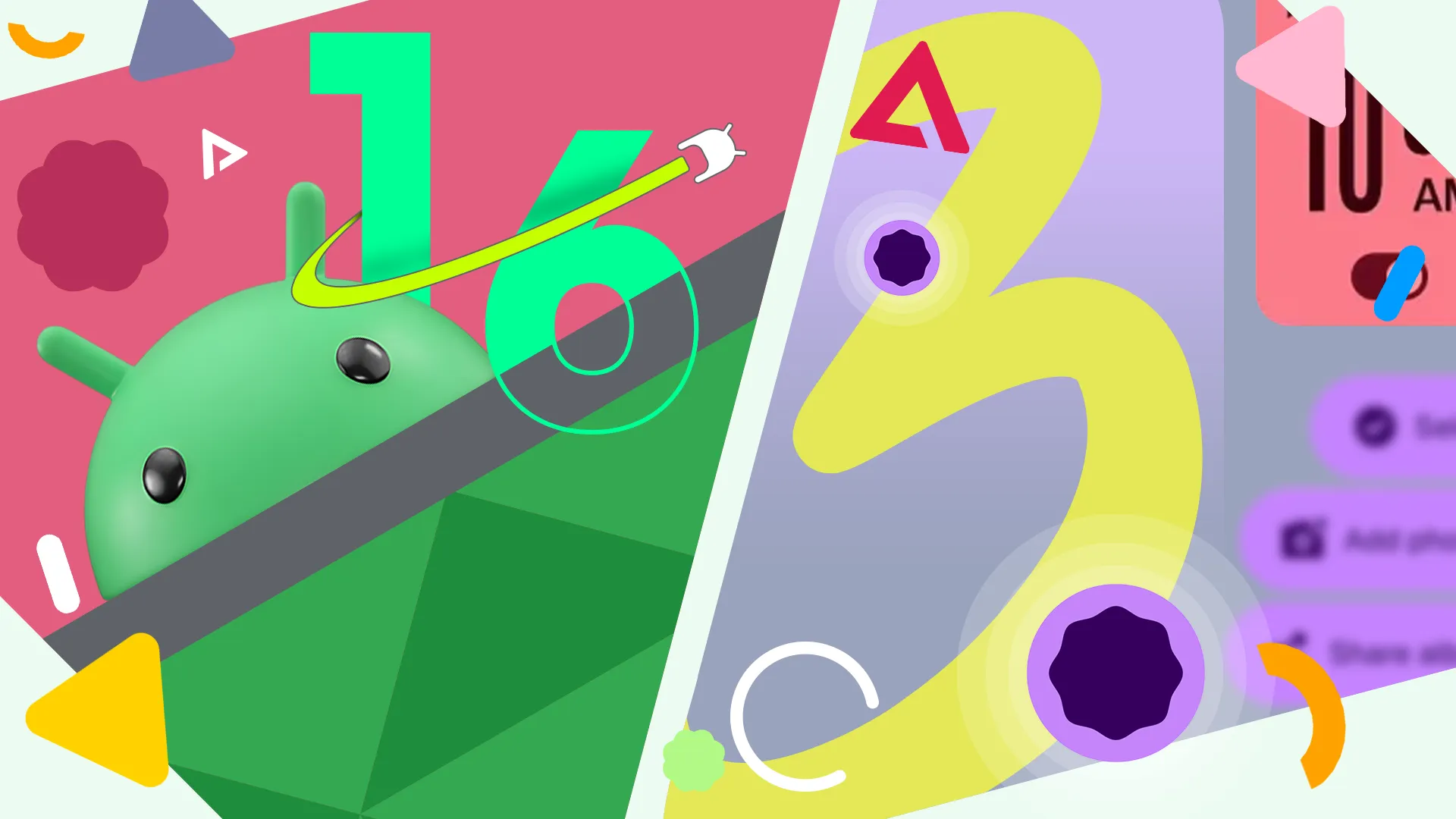 صورة مفاهيمية لشاشة مقسمة تعرض Android 16 على اليسار مع تميمة Android، و Material 3 Expressive على اليمين مع عناصر واجهة مستخدم ملونة والرقم 3 كبير