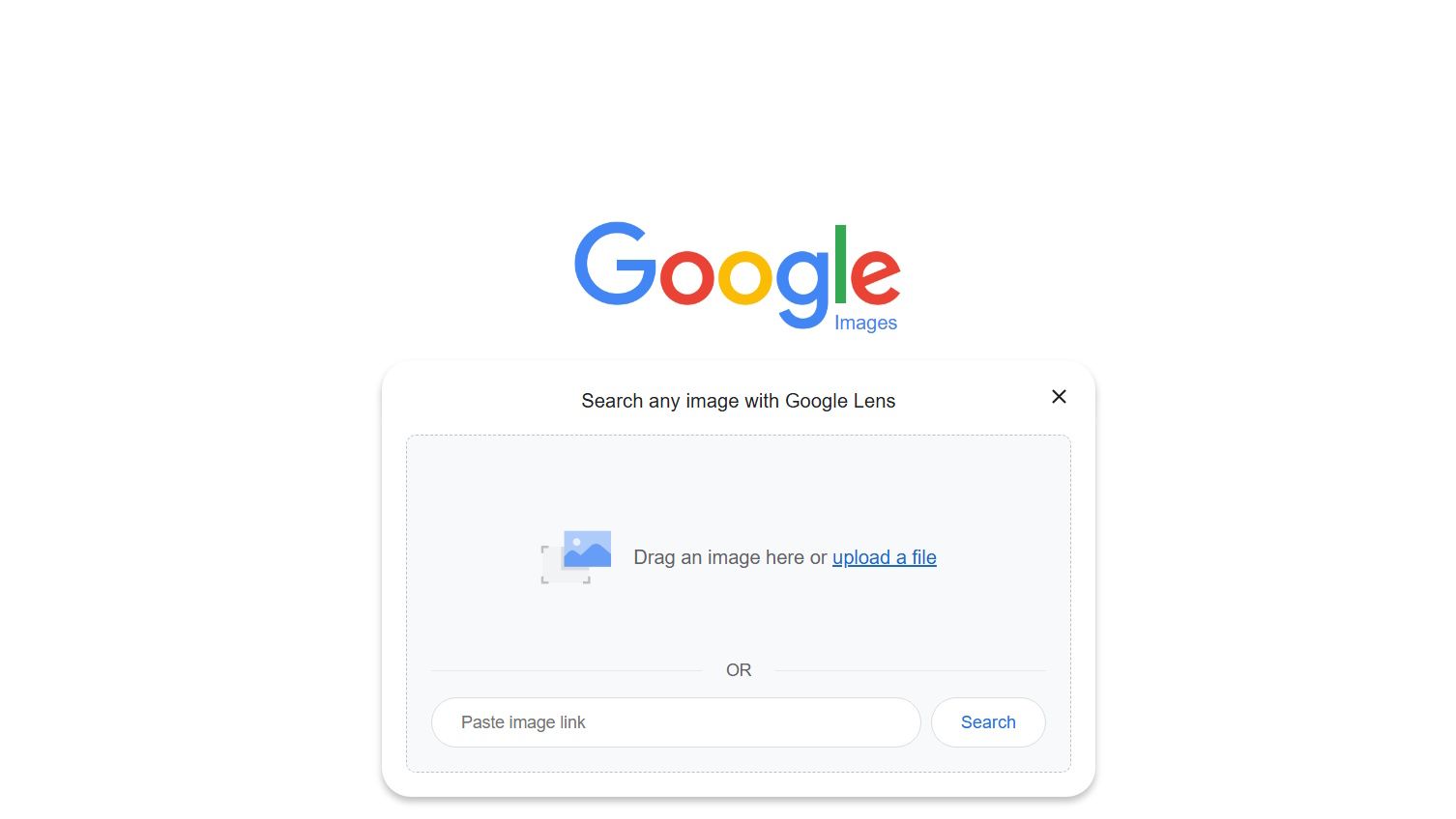 Search any image with Google Lens options window with drag an image here or upload a file or adding an image link box with the search button"