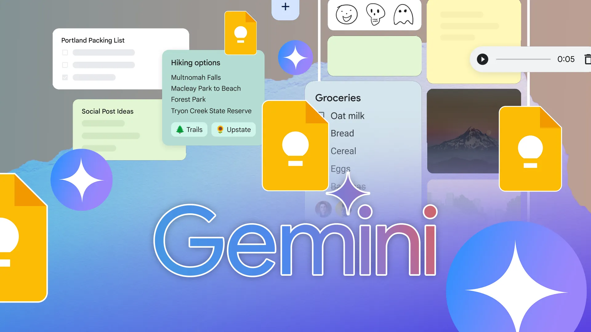 صورة توضيحية لشعار Gemini محاطًا بملاحظات Google Keep الملونة، وقوائم المهام، والأيقونات، وتأثيرات اللمعان