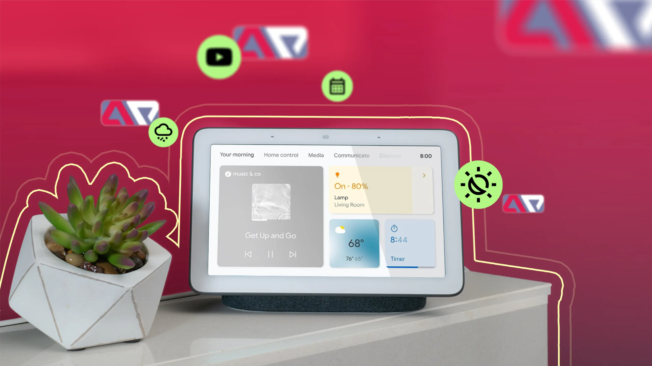 شاشة Google Nest Hub الذكية على سطح منضدة، بجانبها نبتة عصارية صغيرة وأيقونات عائمة للطقس والتقويم والوسائط حولها