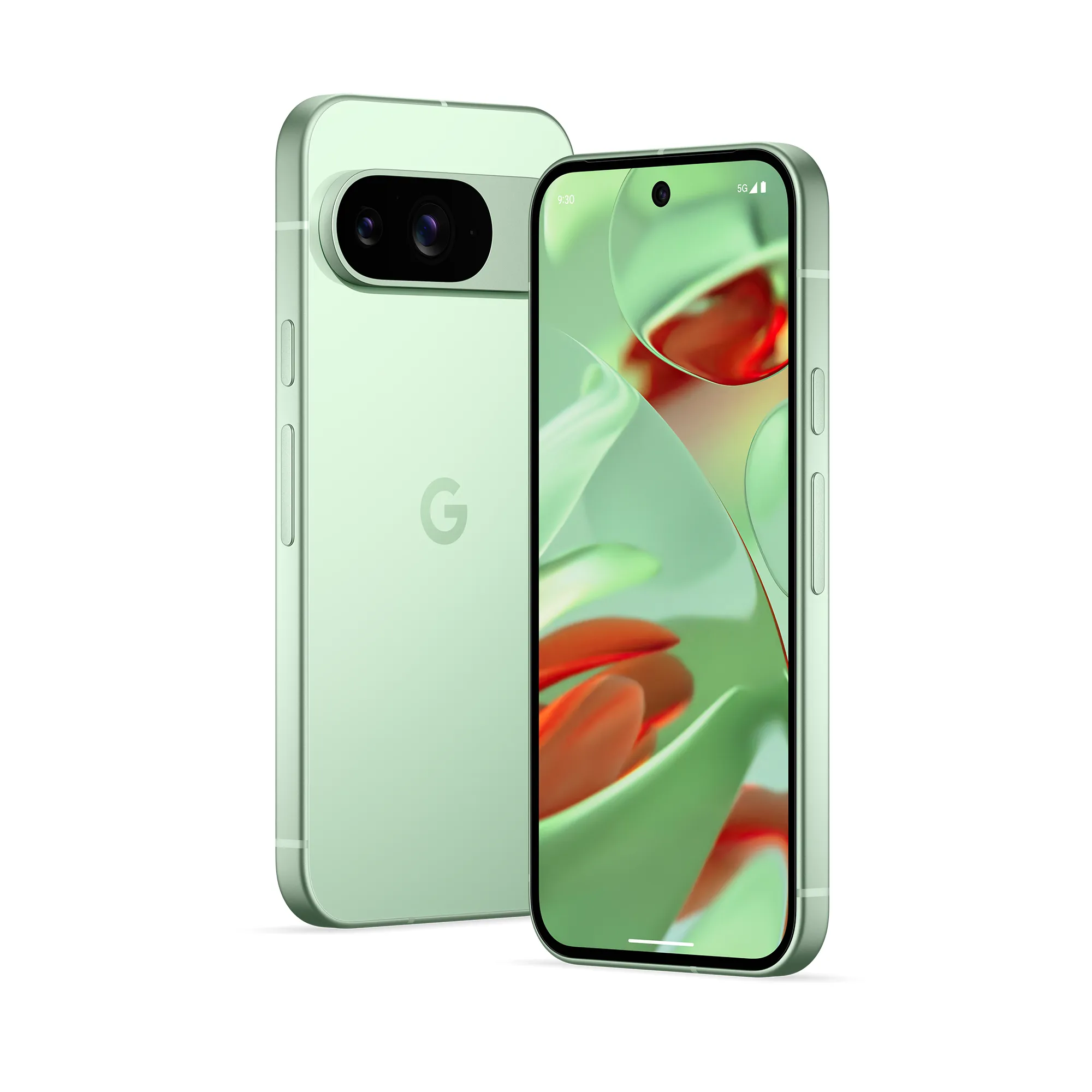تصميم تخيلي لهاتف Google Pixel 9 باللون الأخضر الشتوي على خلفية بيضاء.