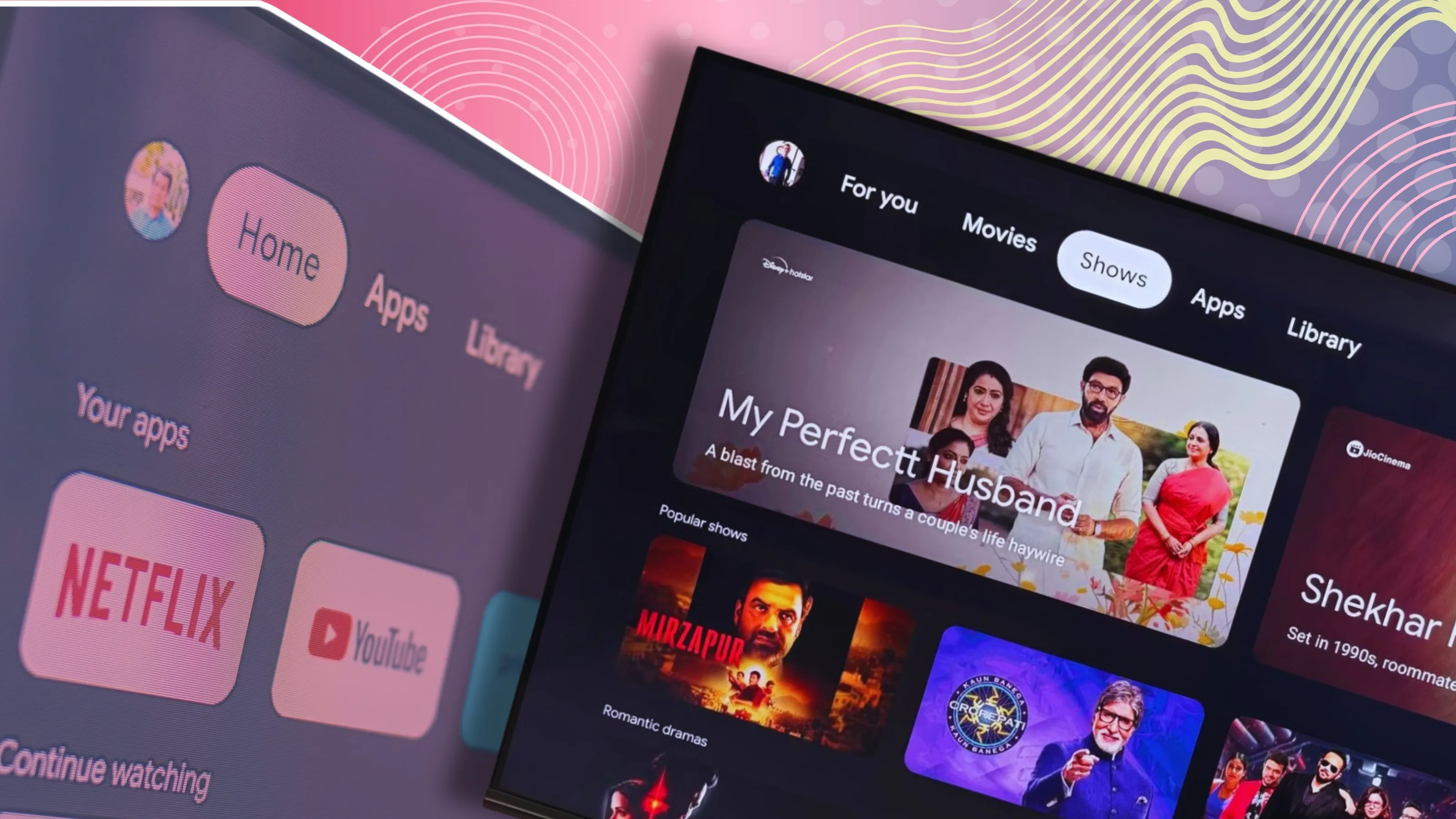 واجهة Google TV و Android TV متراكبتان على خلفية فاتحة اللون بنقوش