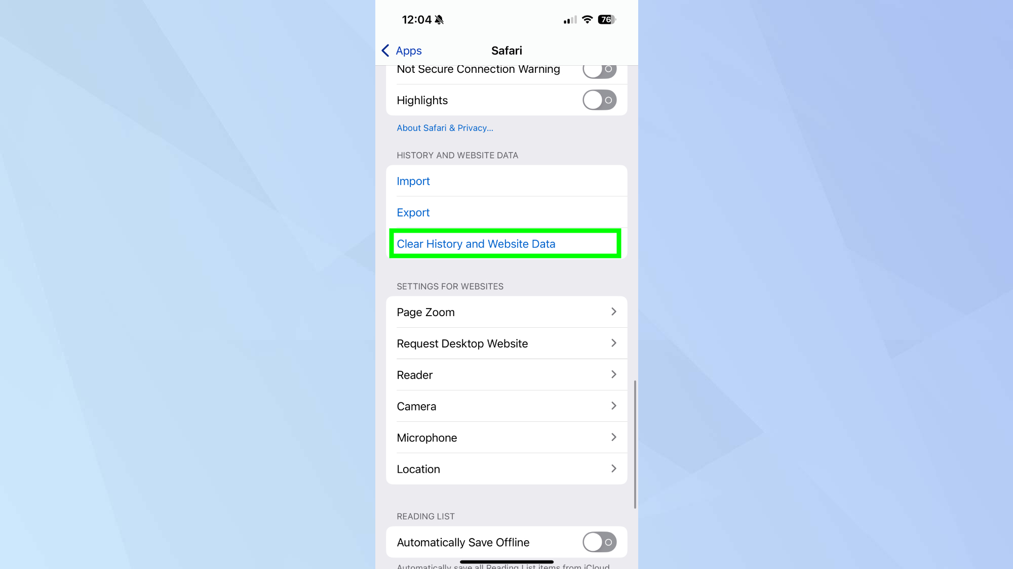 Clear history and website data highlighted