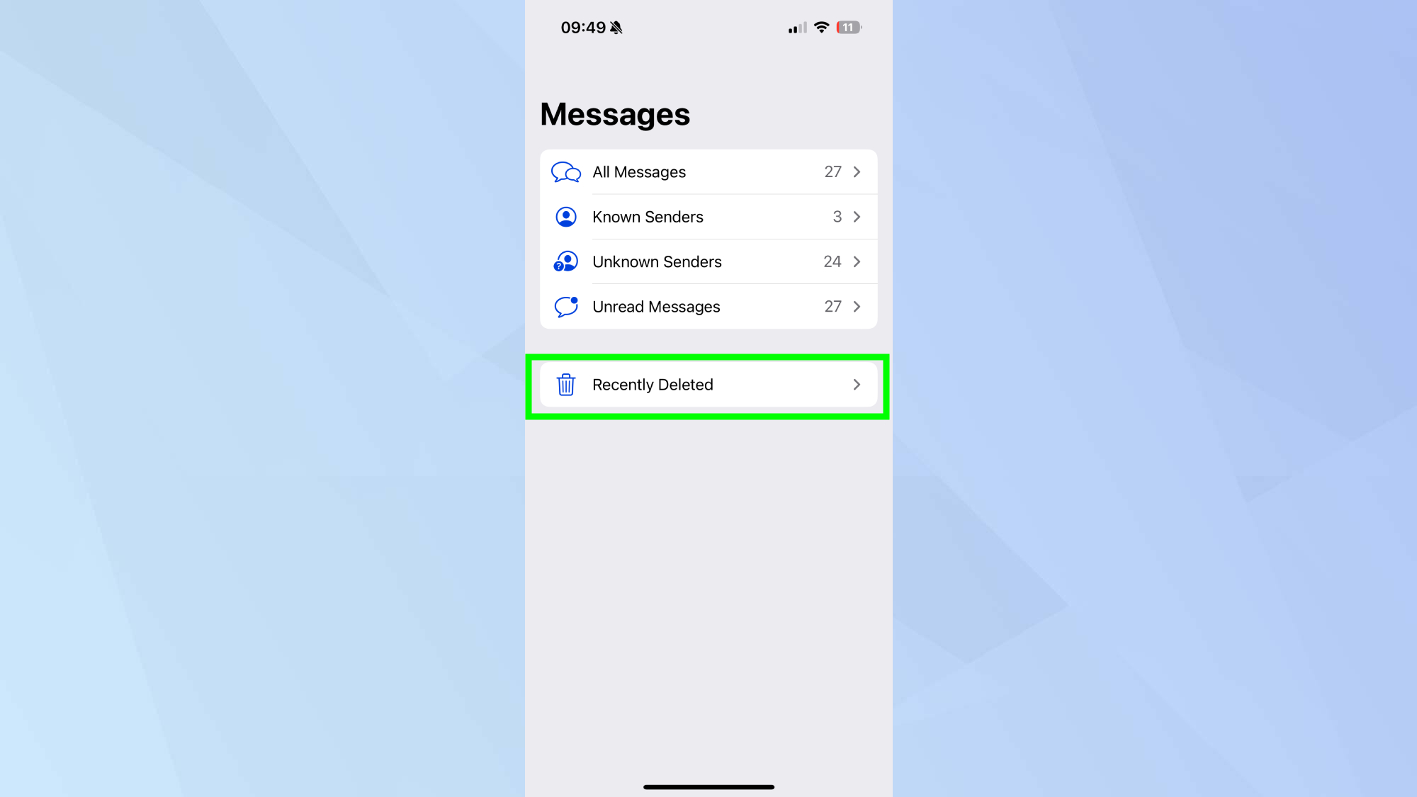 رسائل محذوفة مؤخرًا مُحددة في iPhone