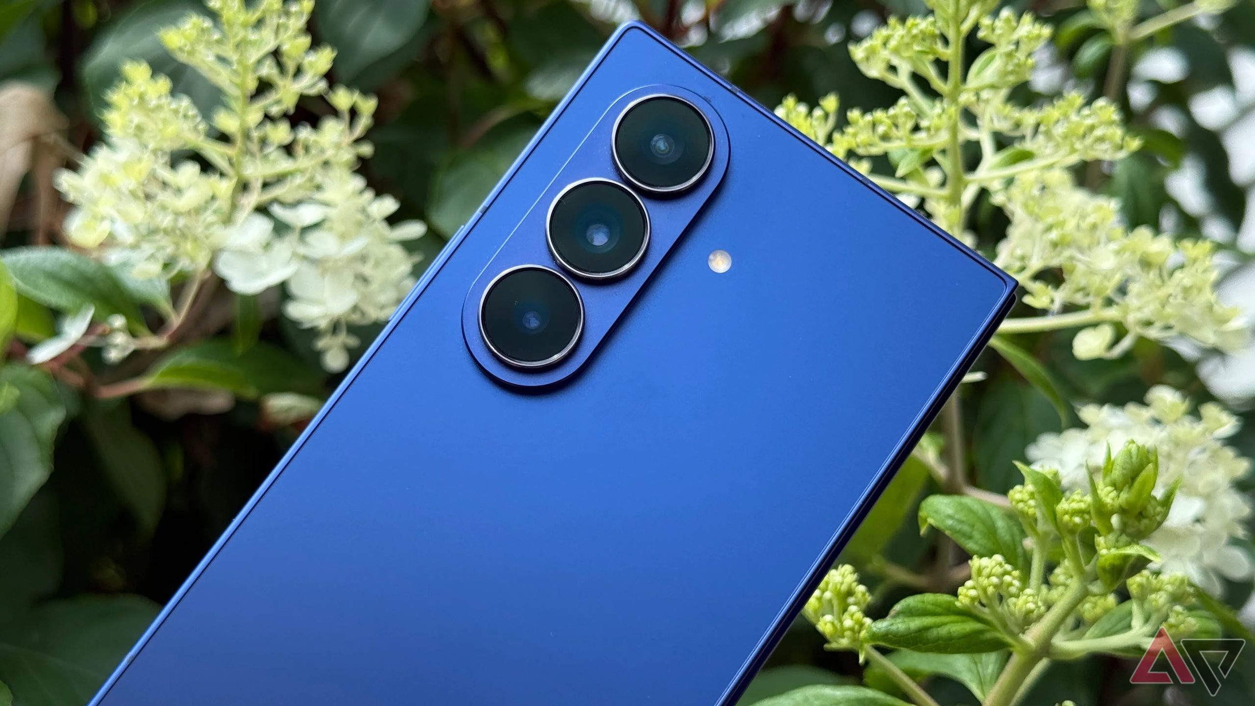 Samsung Galaxy Z Fold 7 up against some flowers