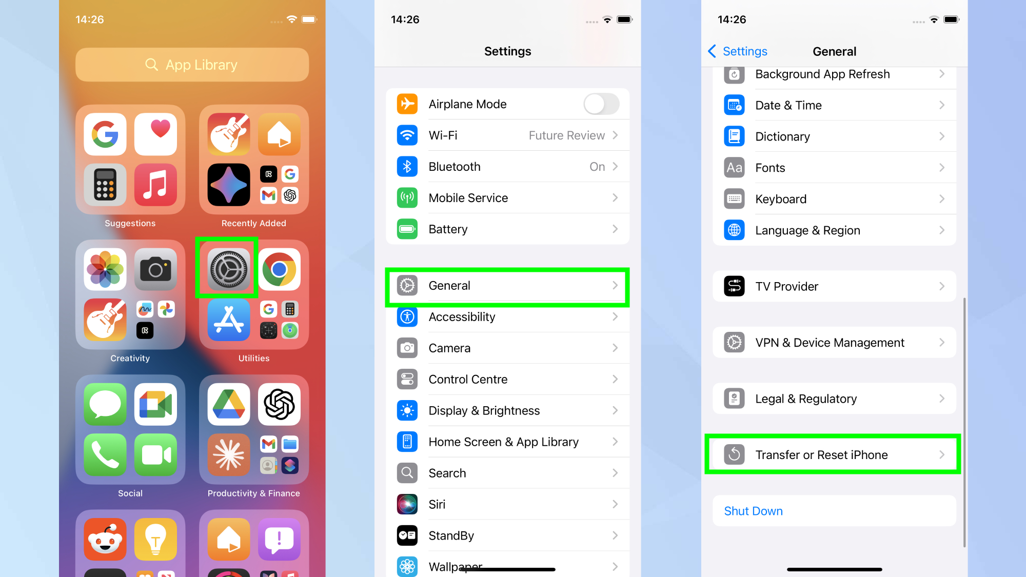 Transfer or reset iPhone highlighted on Settings 