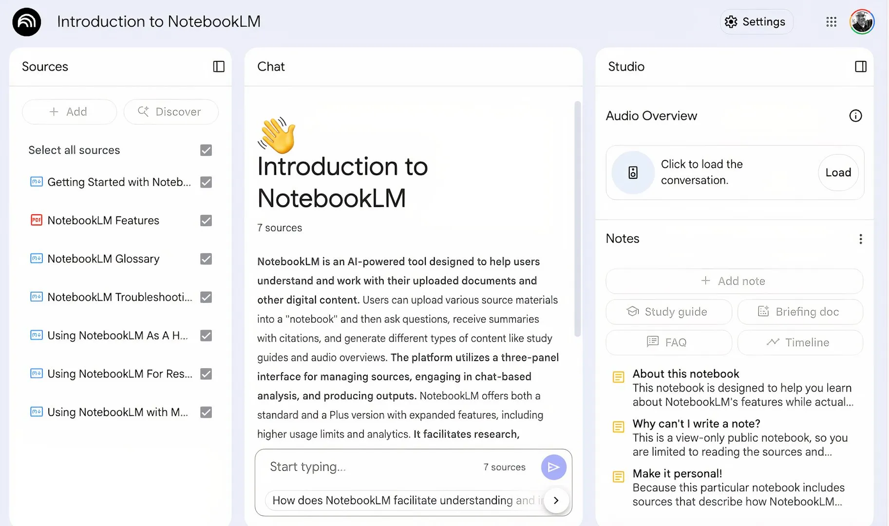 The NotebookLM getting started page for new users.