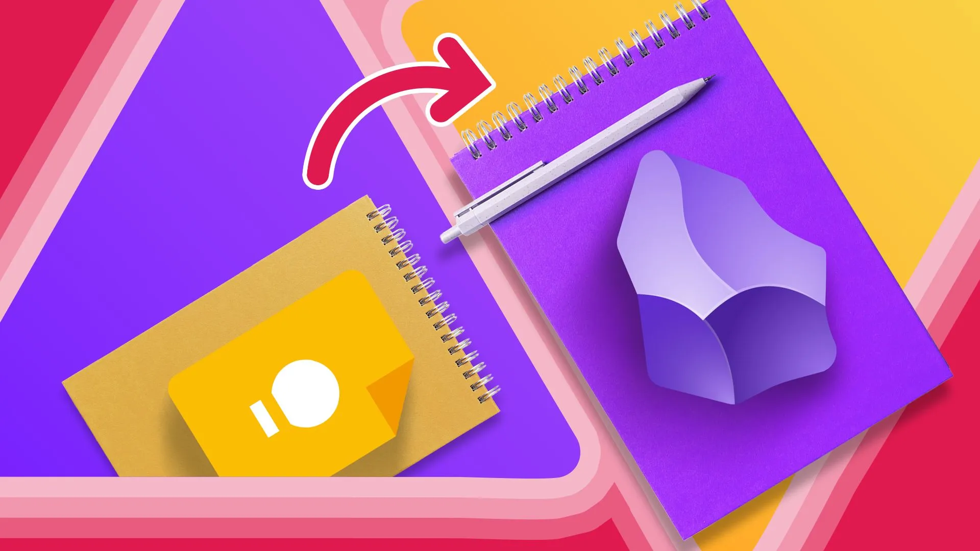 دفتر ملاحظات يحمل شعار Google Keep على اليسار وآخر يحمل شعار Obsidian على اليمين، مع سهم يشير من Keep إلى Obsidian