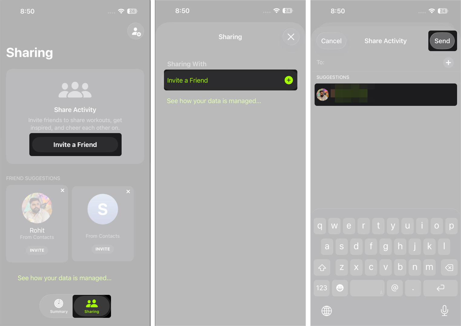 افتح تطبيق Fitness وابحث عن خيار دعوة صديق وأرسل الطلب