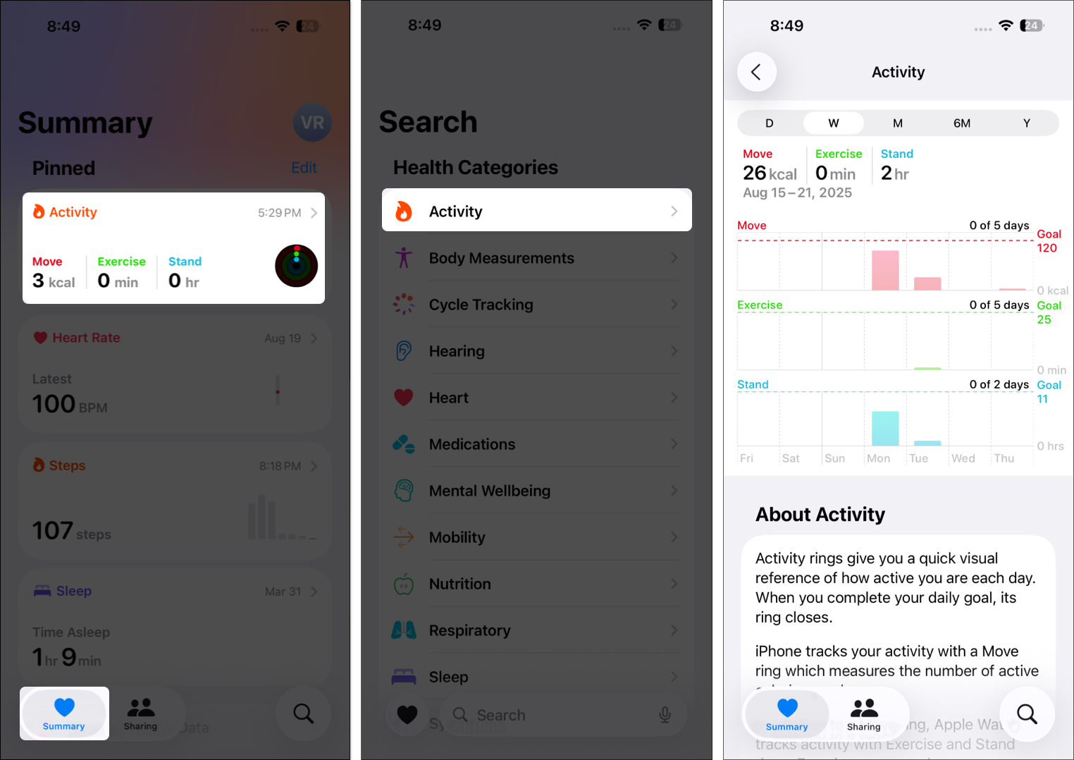 Open health app tap on activity tab and access activity data