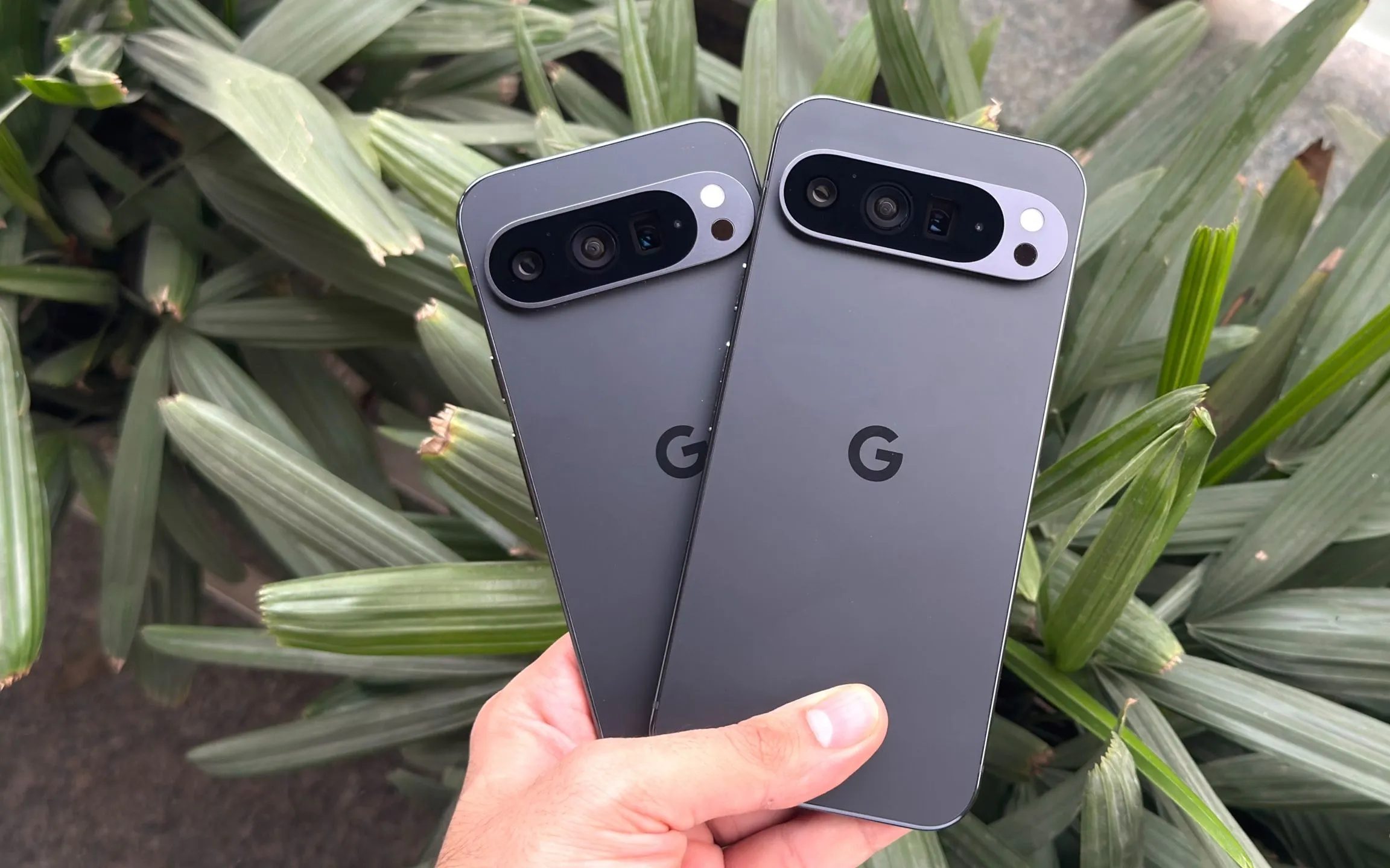 صورة يد تحمل هاتفي Google Pixel 9 Pro و Google Pixel 9 XL، مقارنة بين حجمي الهاتفين