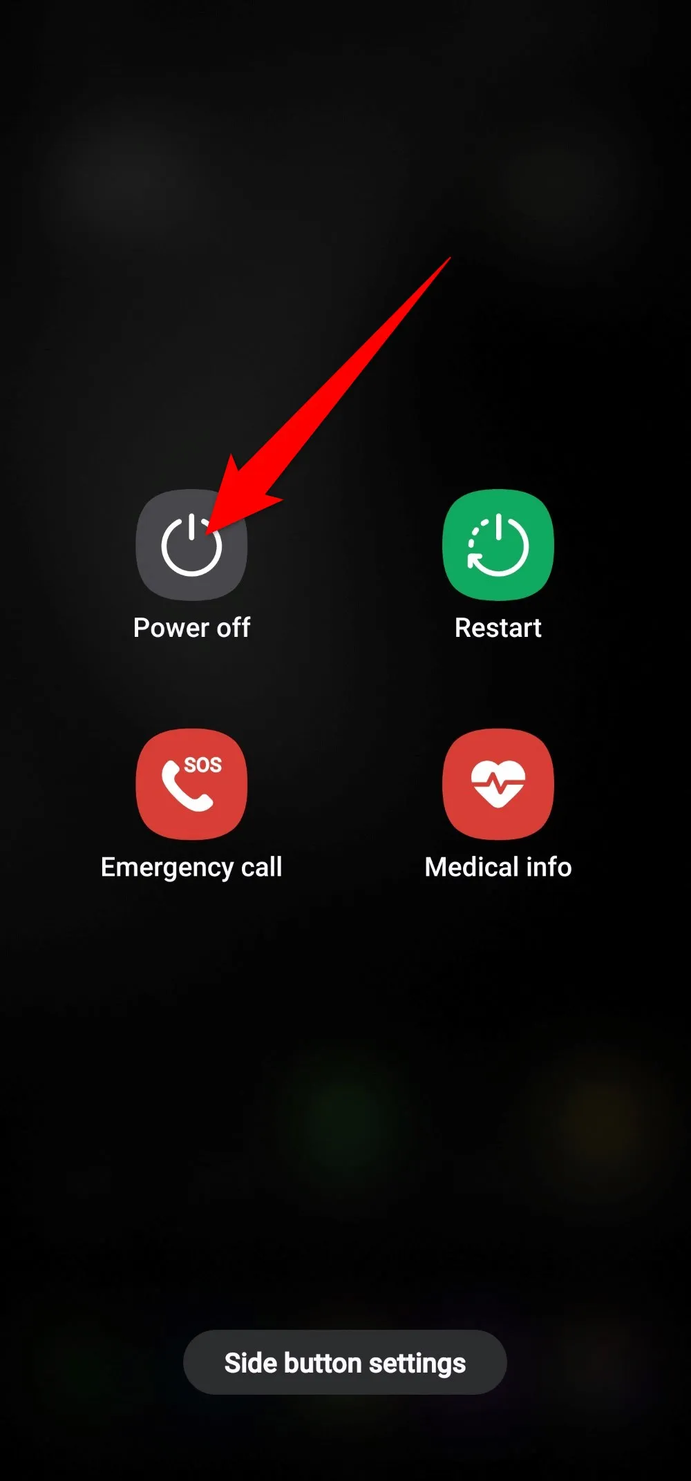 Red arrow pointing to the Power off button in the Power menu of a Samsung Galaxy phone